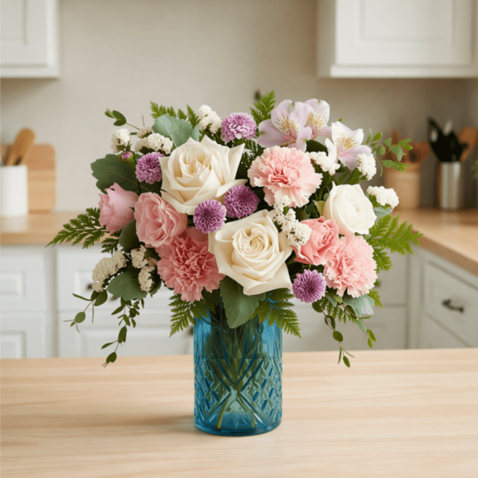 Pink and white flower arrangement in a blue glass vase