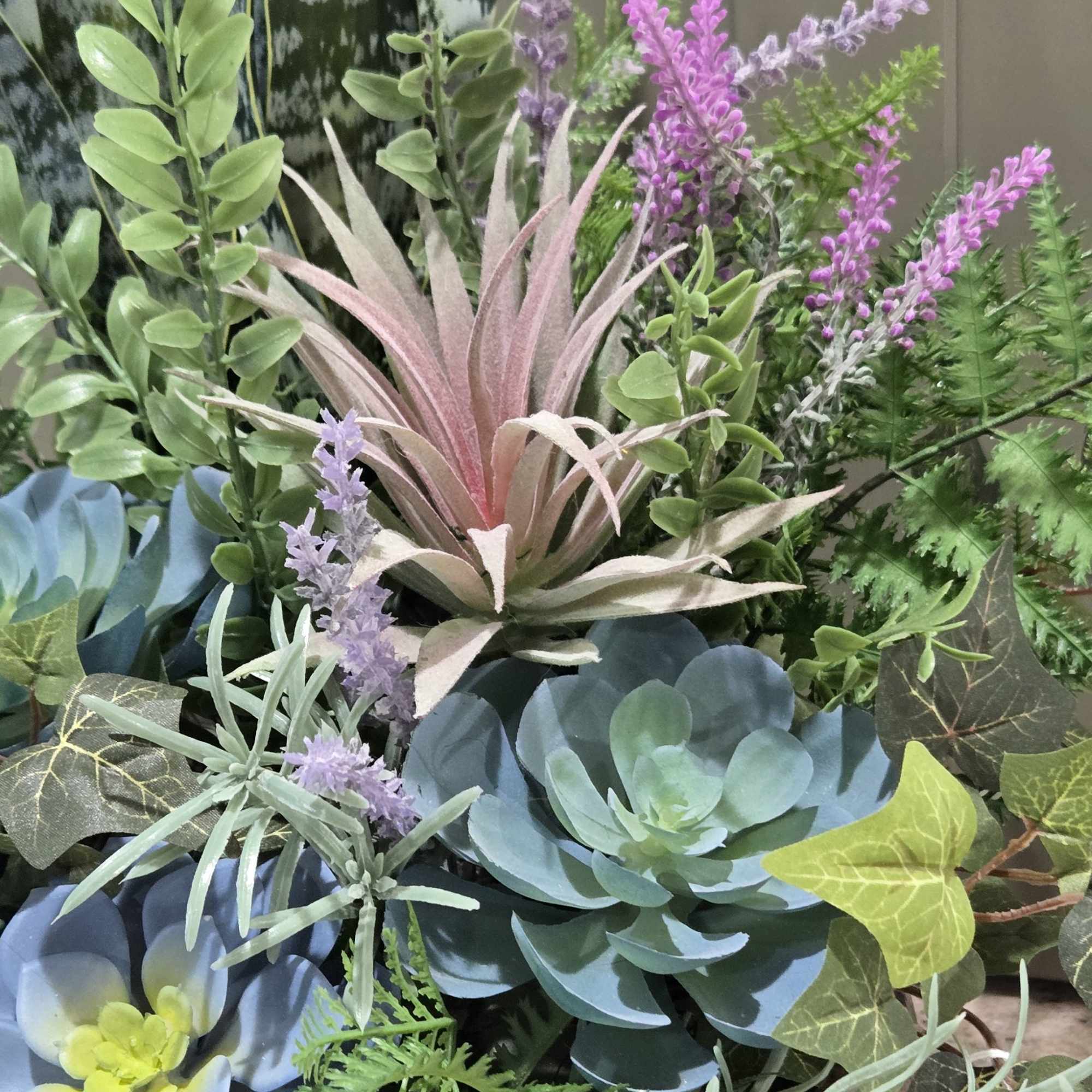 Faux Botanical planter. Stunningly designed with quality, life-like ferns, snake &amp; air