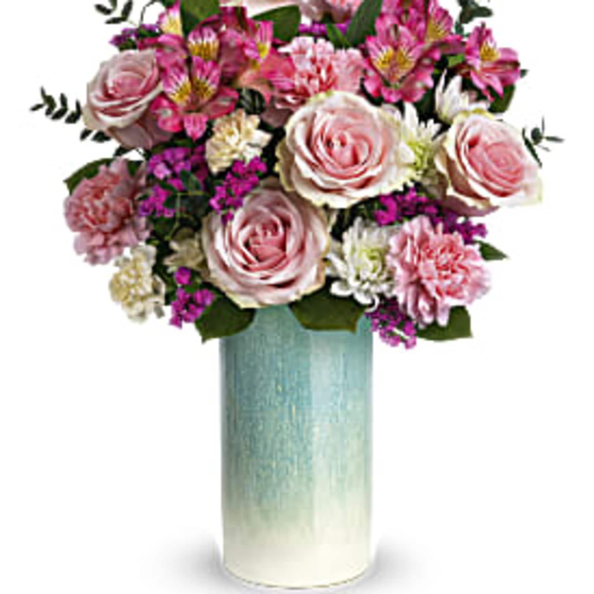 Pink and white mixed flower arrangement in a tall blue and white ceramic vase