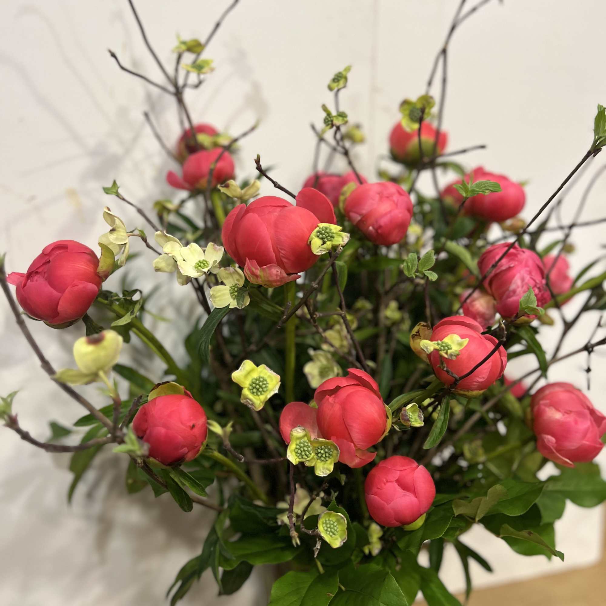 Medium high floral arrangement compose of an assortment of Coral charm peonies