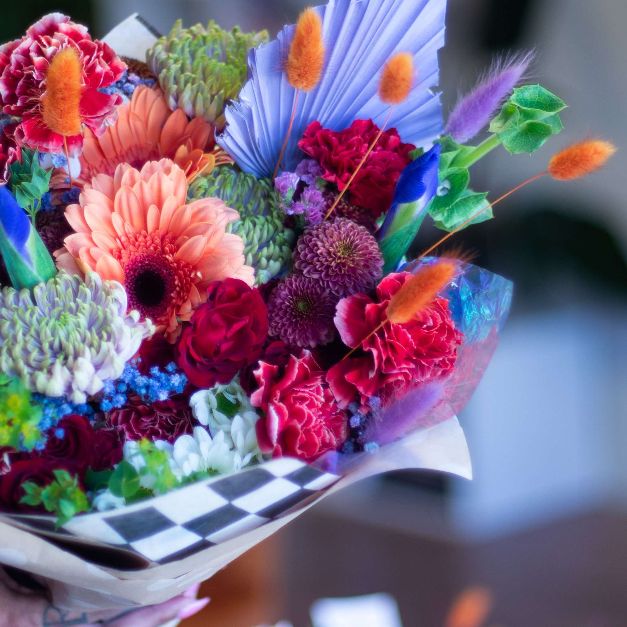 Colorful bouquet with gerbera daisies, carnations, and chrysanthemums