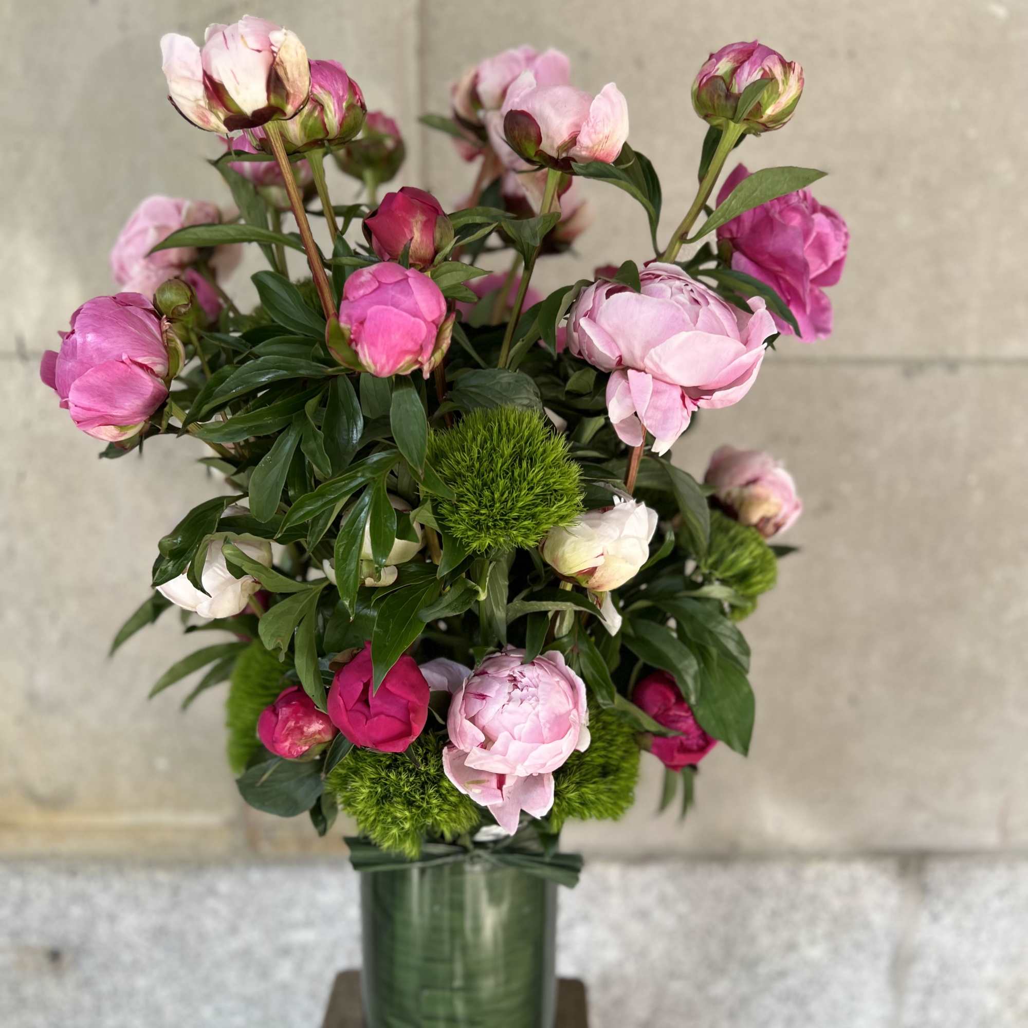 Peonies and green trick sweet William  arranged in a glass cylinder.