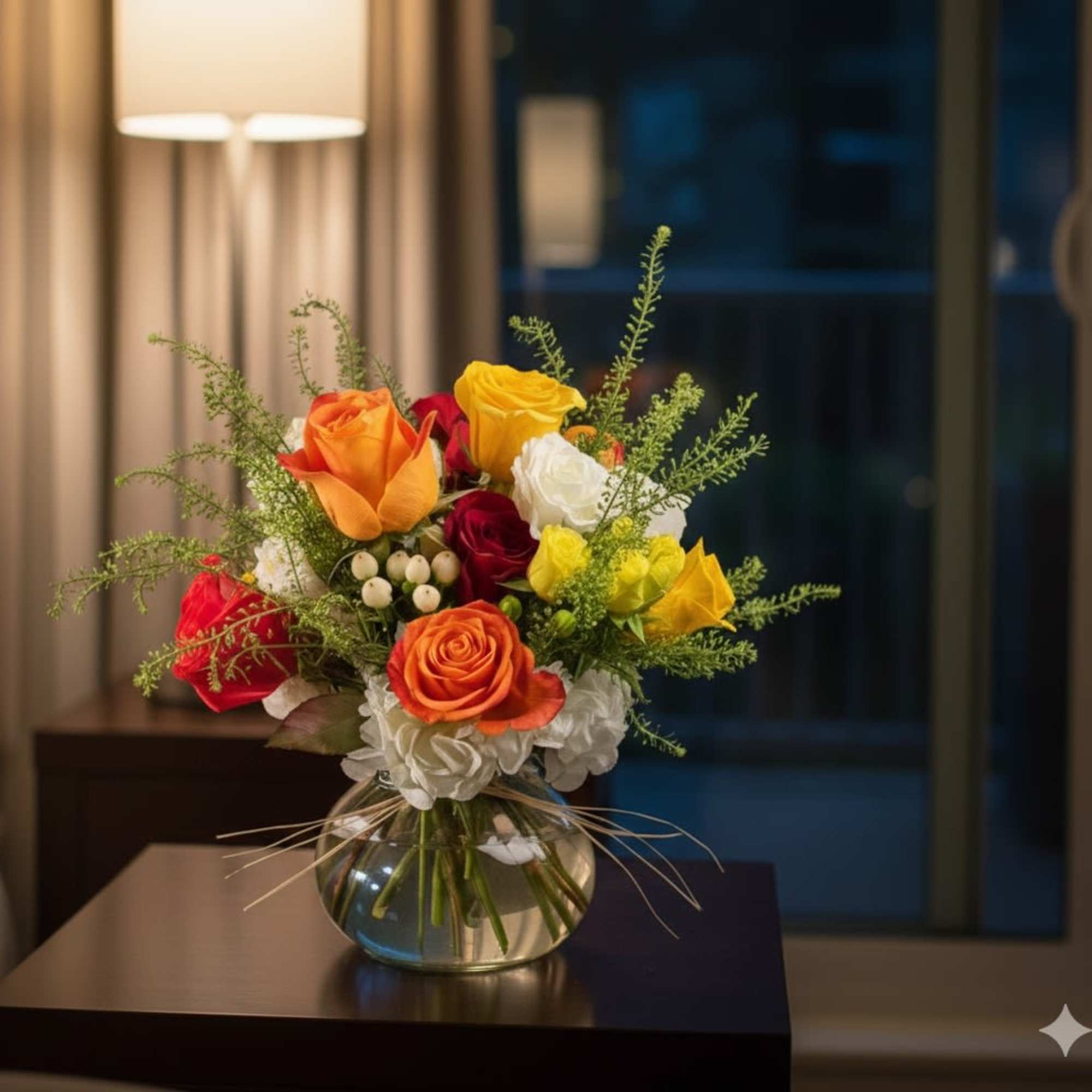 Colorful rose bouquet in a round glass vase
