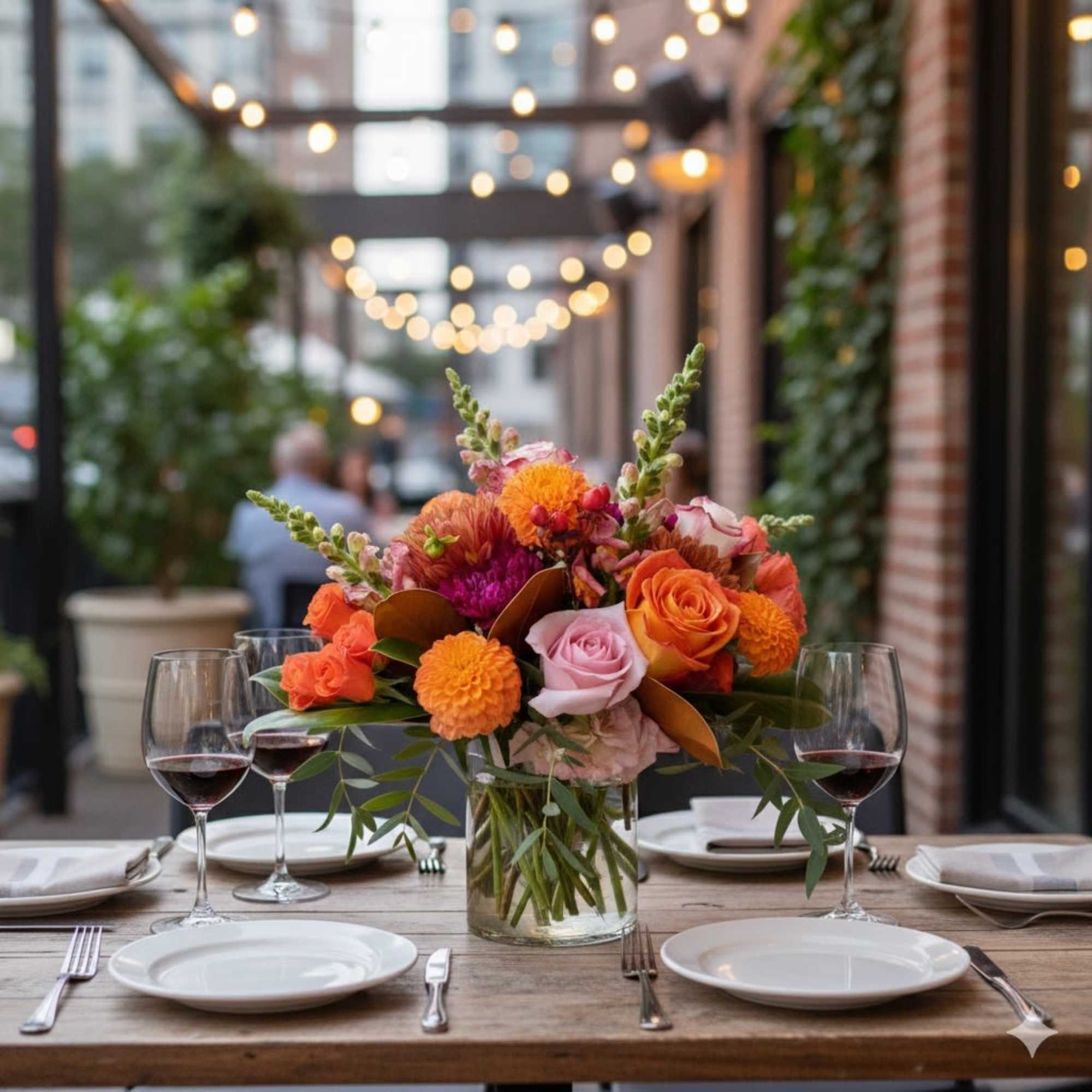 Colorful floral centerpiece in a glass vase on a dining table