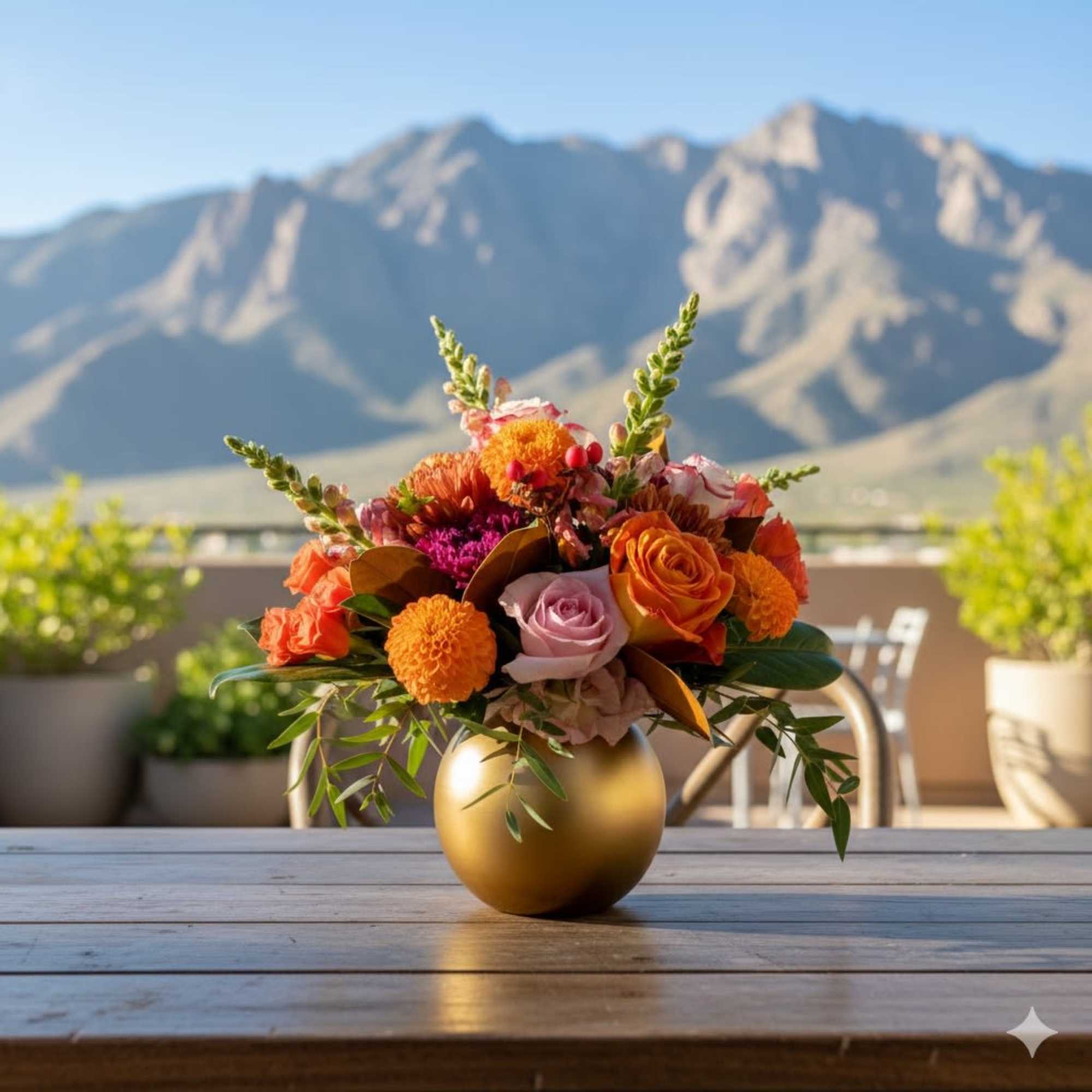 Orange and pink flower arrangement in a gold vase