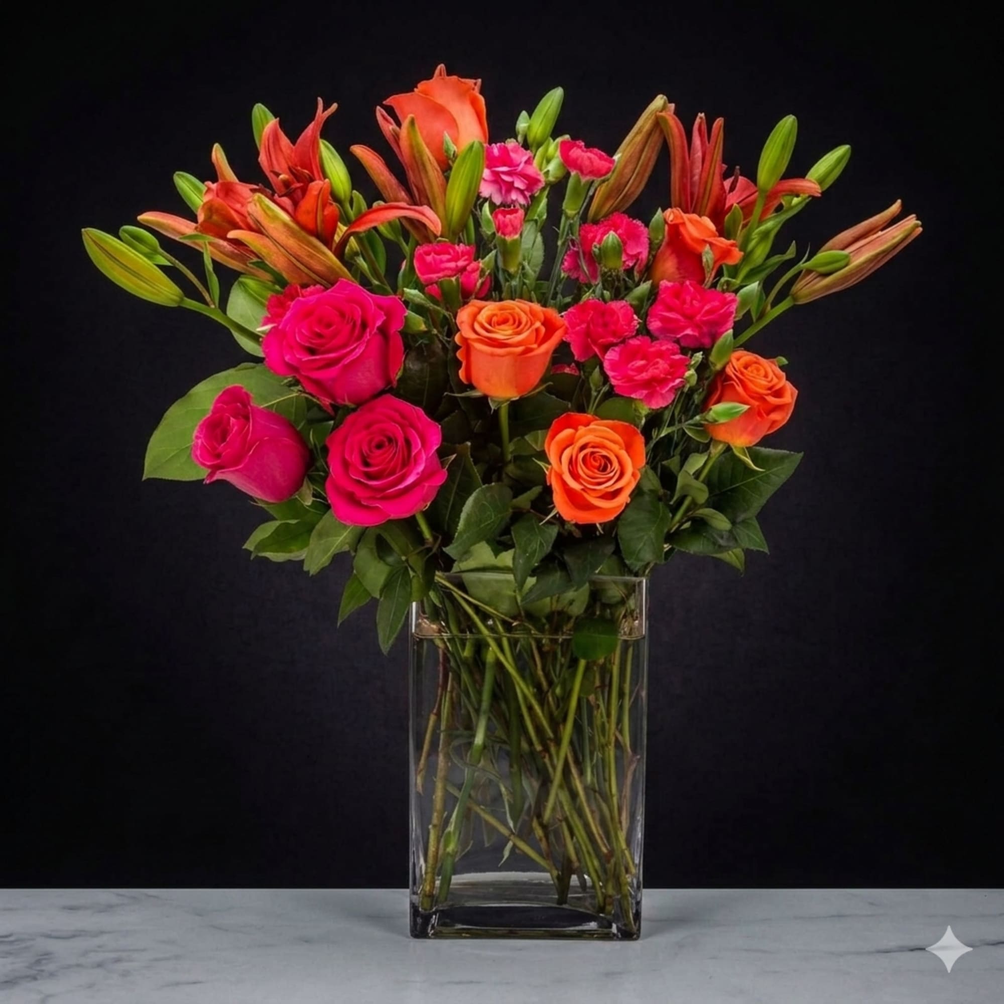 Bright pink and vivid orange roses paired with orange lilies create an