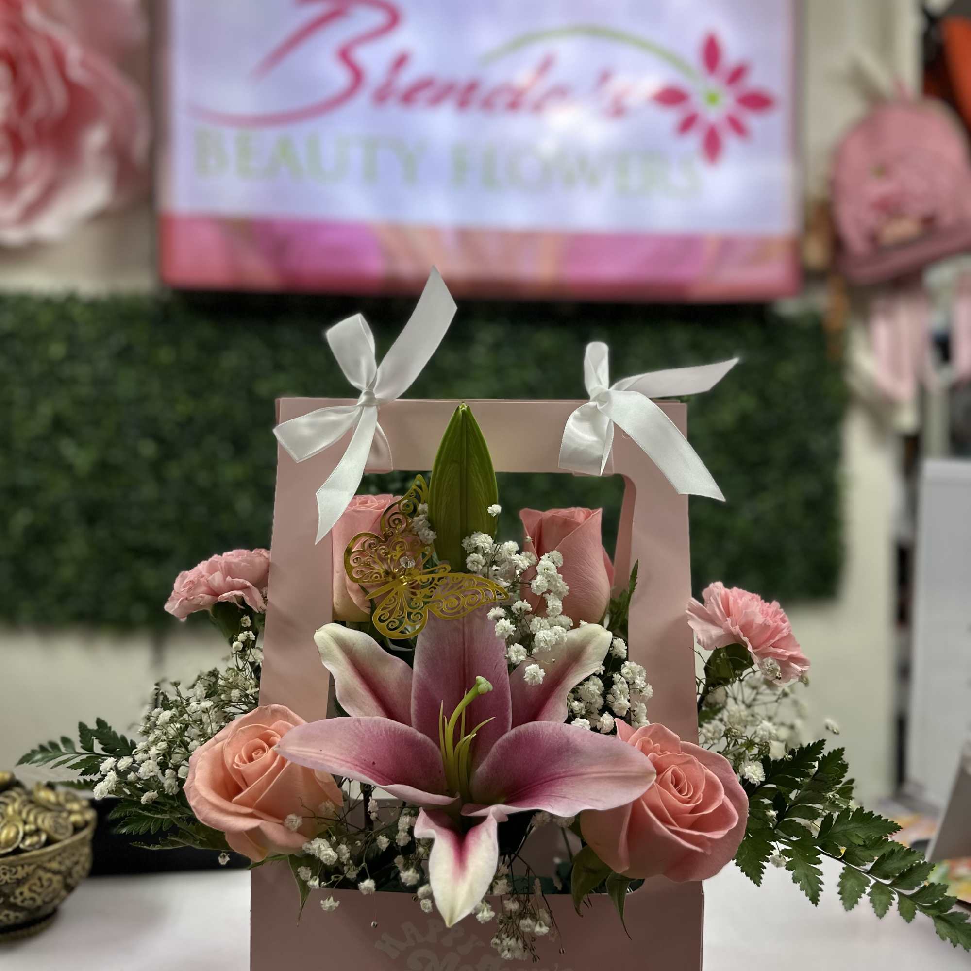 The cutest surprise for Mom Beautiful roses , lilies , and soft