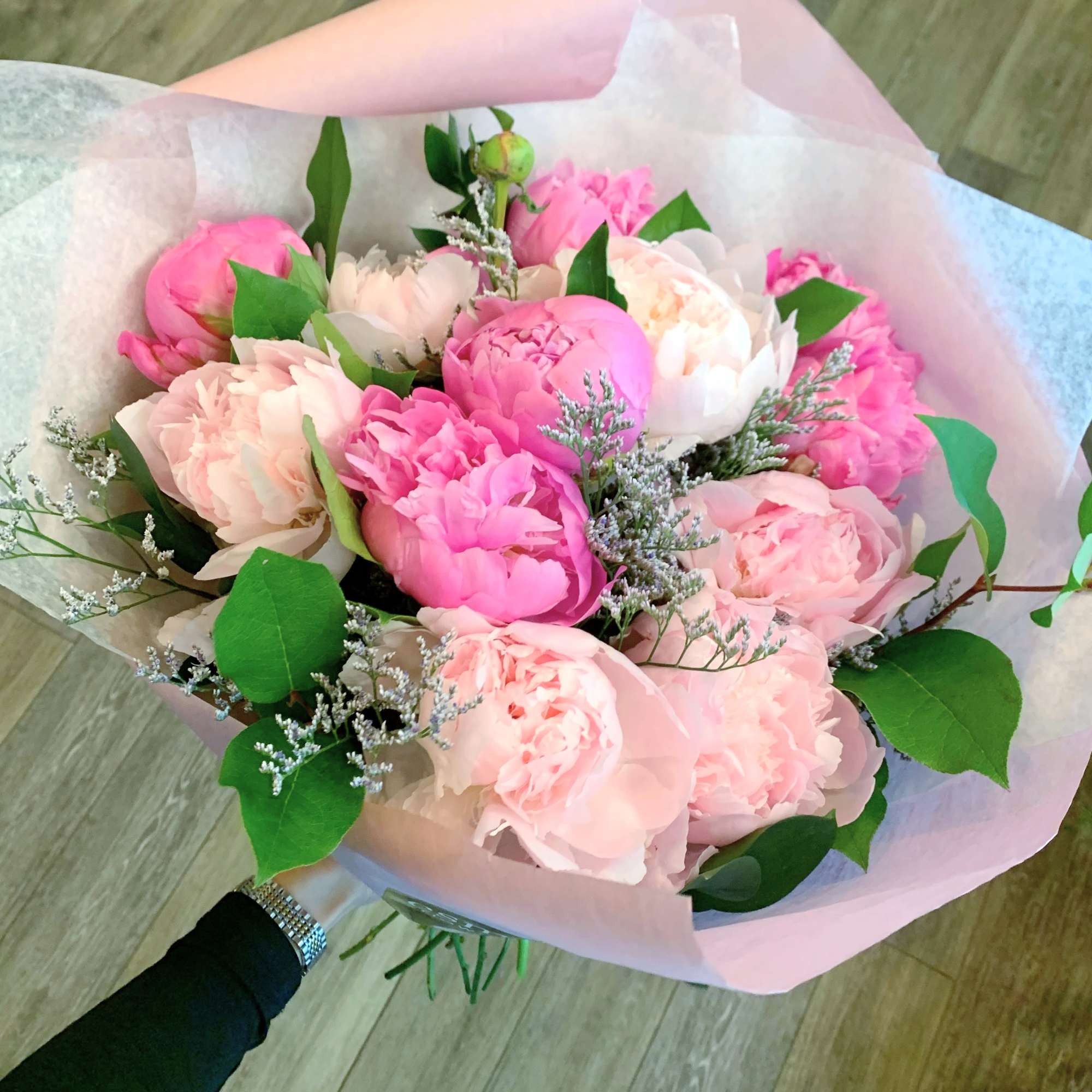 Gorgeous Dutch Peonies come together in this hand-wrapped bouquet for the peony