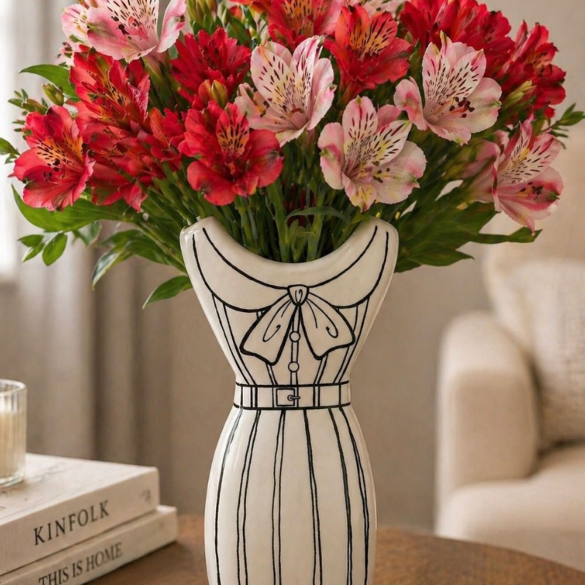 This charming floral arrangement pairs vibrant alstroemeria blooms with a uniquely styled
