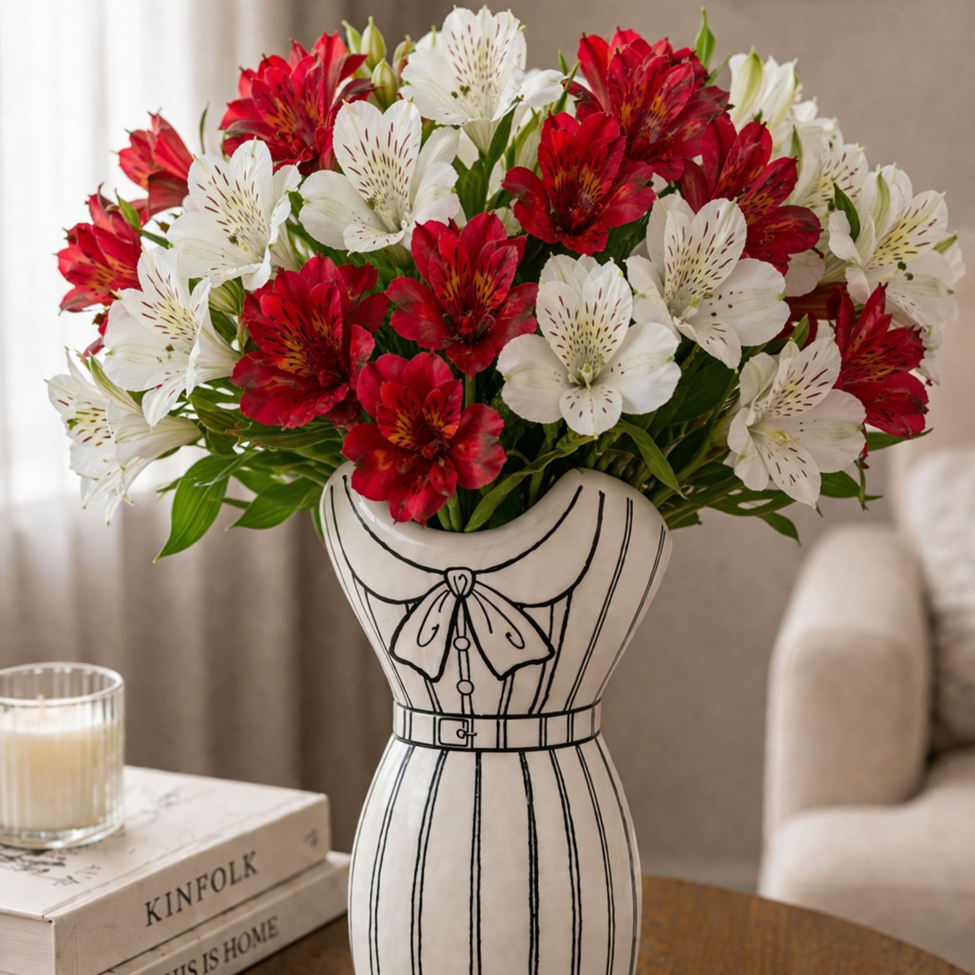 This charming floral arrangement pairs vibrant alstroemeria blooms with a uniquely styled