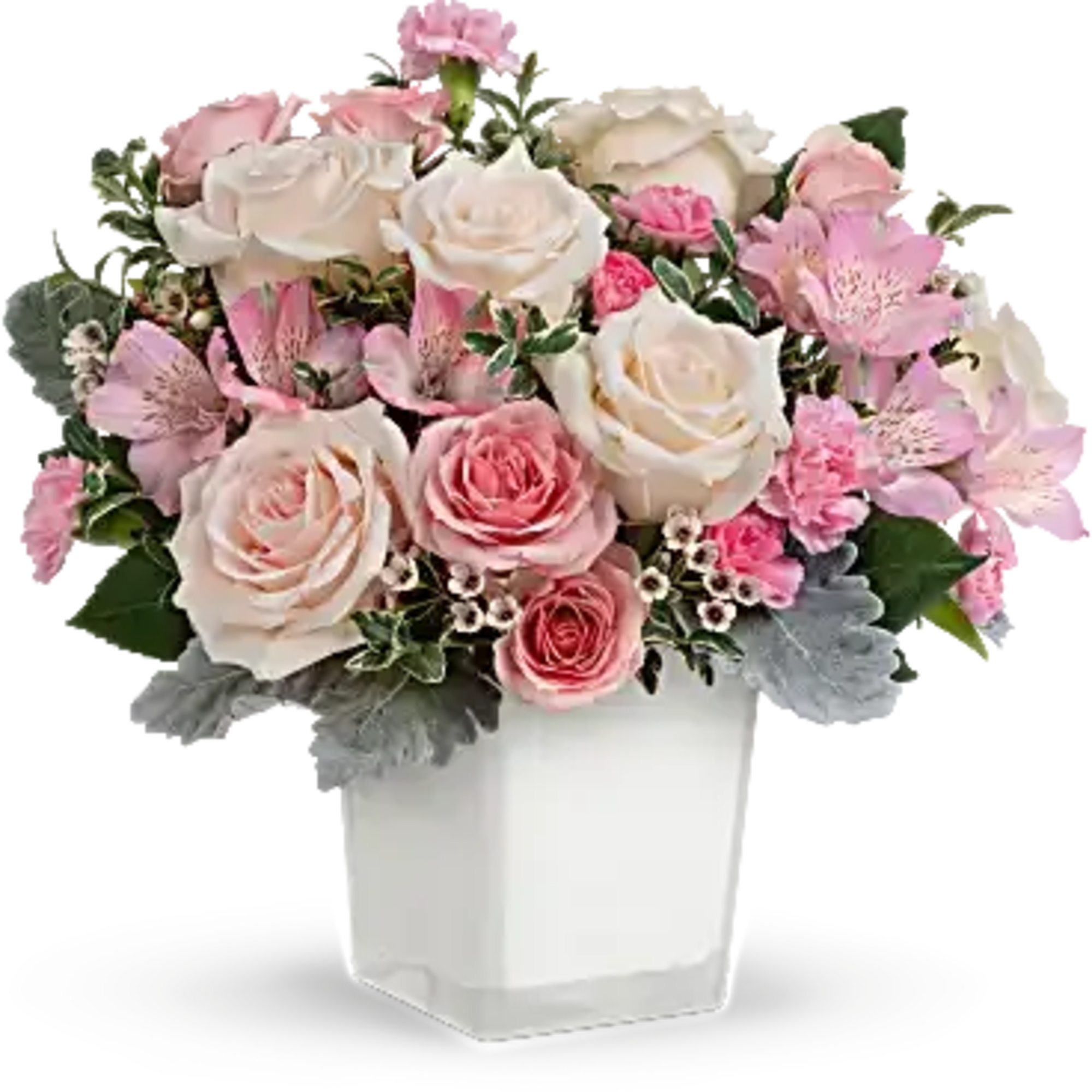 Pink and white rose bouquet in a white vase