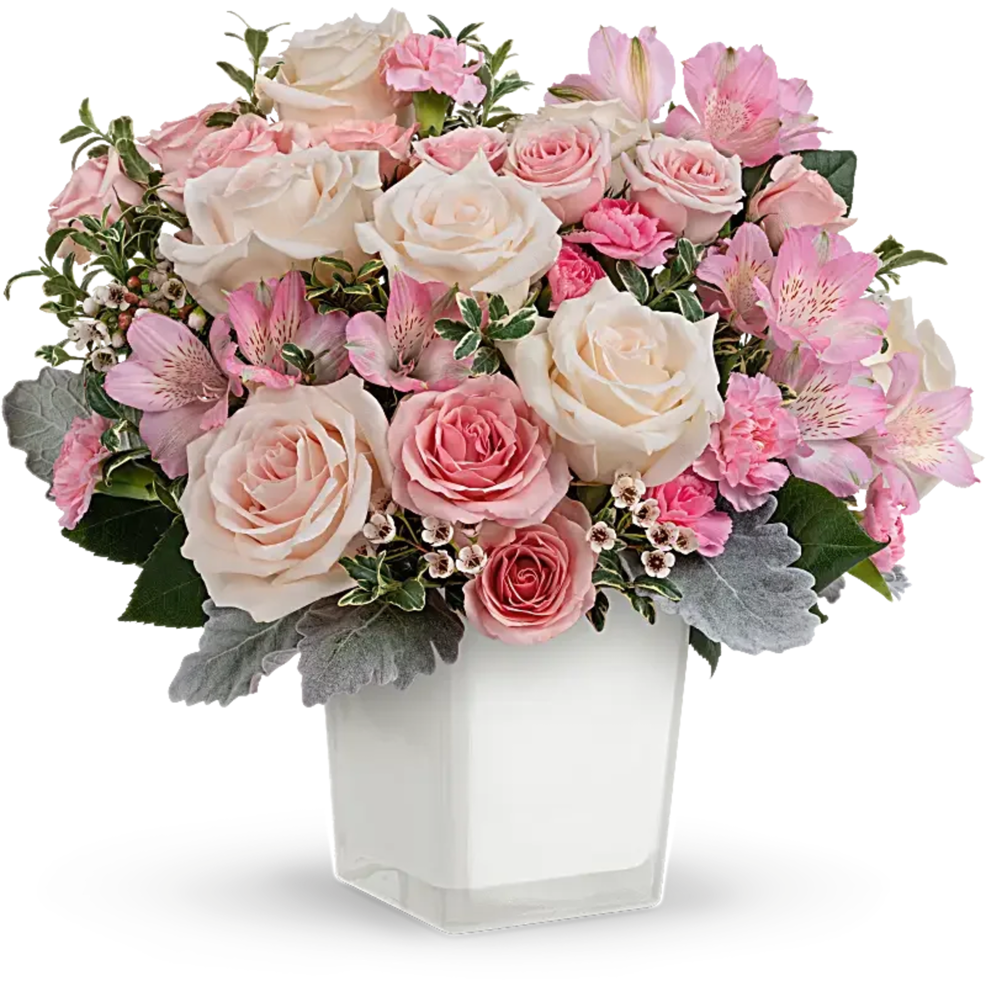 Nothing's sweeter than the prettiest pink and cream roses presented in a