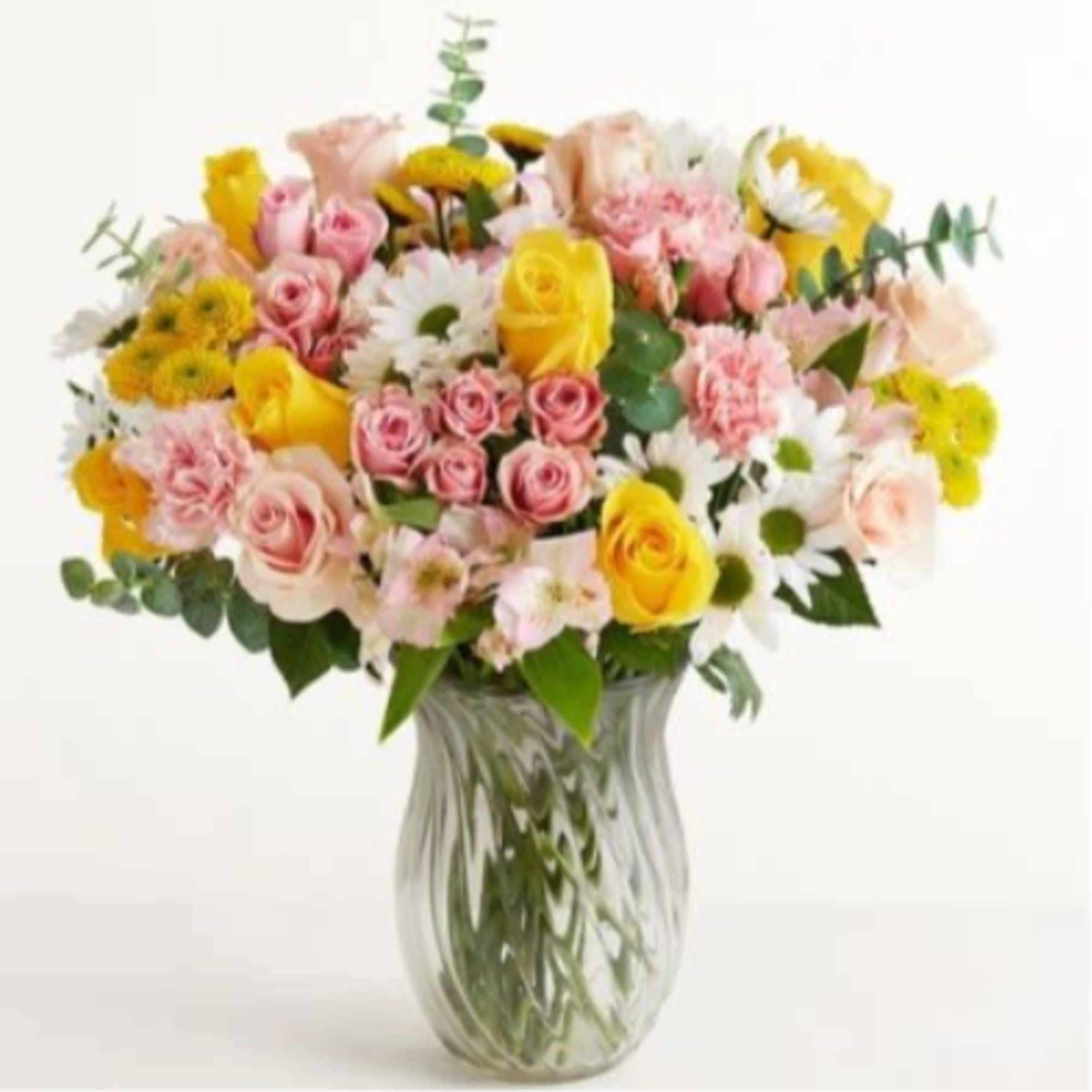  Pet Friendly?
No This arrangement contains Eucalyptus, Chrysanthemums (Daisies/Poms), and Carnations, which