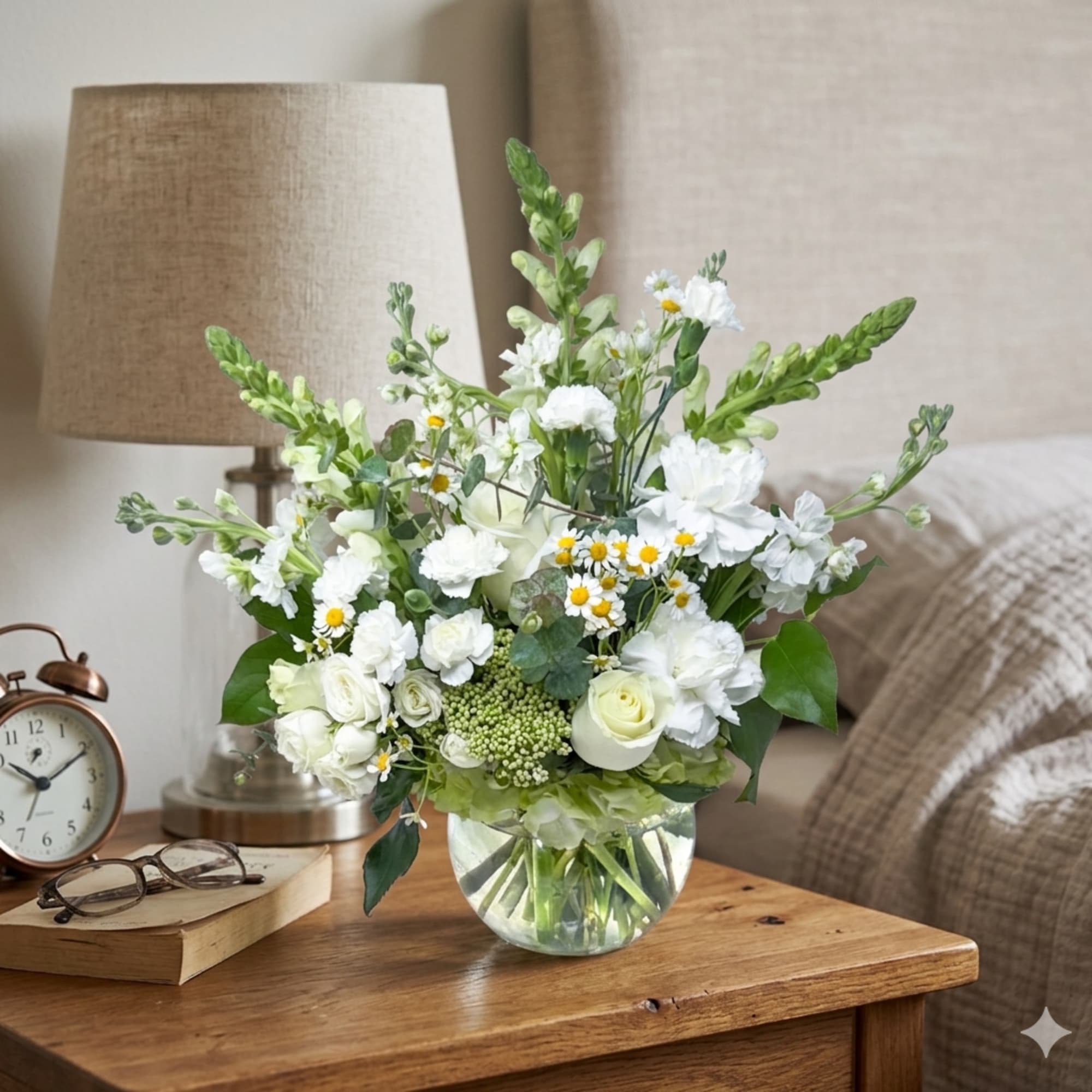 Elegant all white and green centerpiece 
