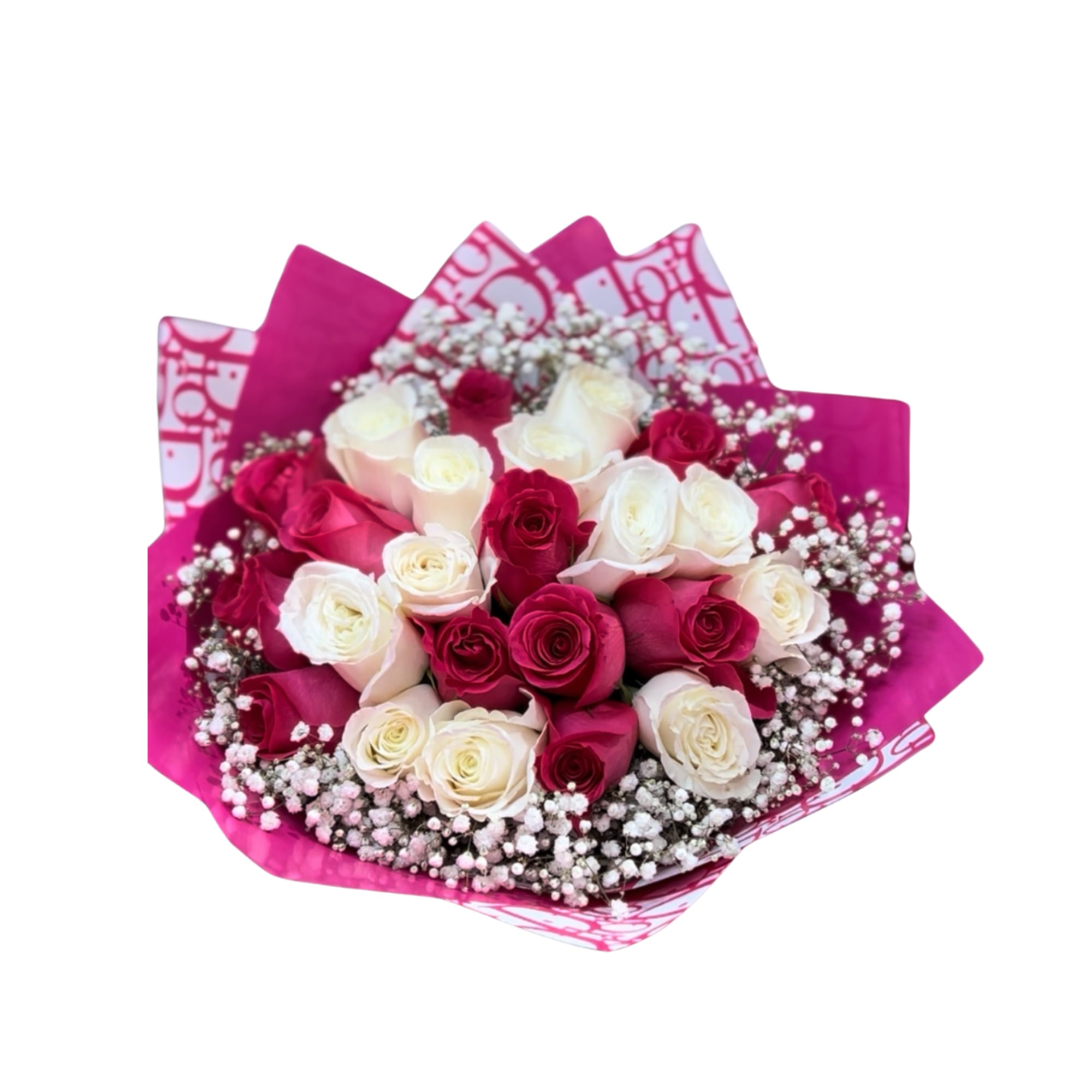 Bouquet of pink and white roses wrapped in bright pink paper
