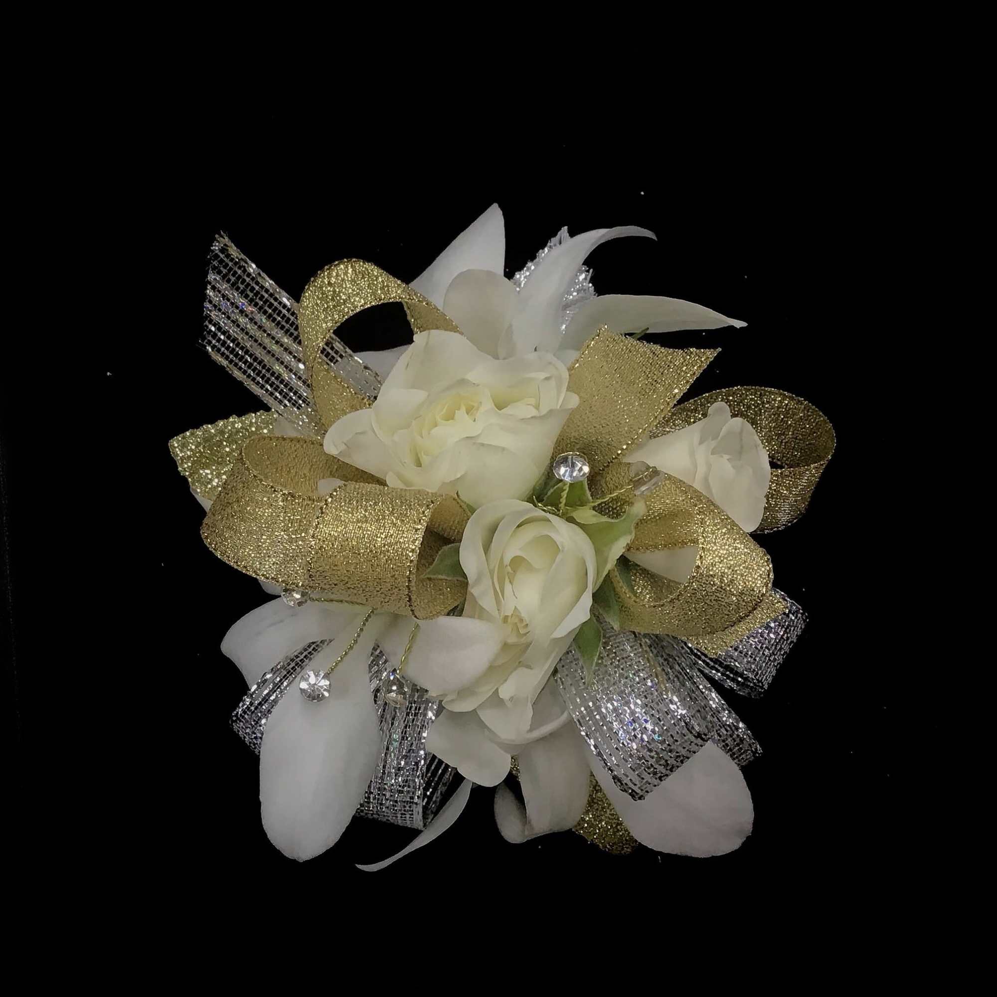 White rose corsage with gold and silver ribbon accents