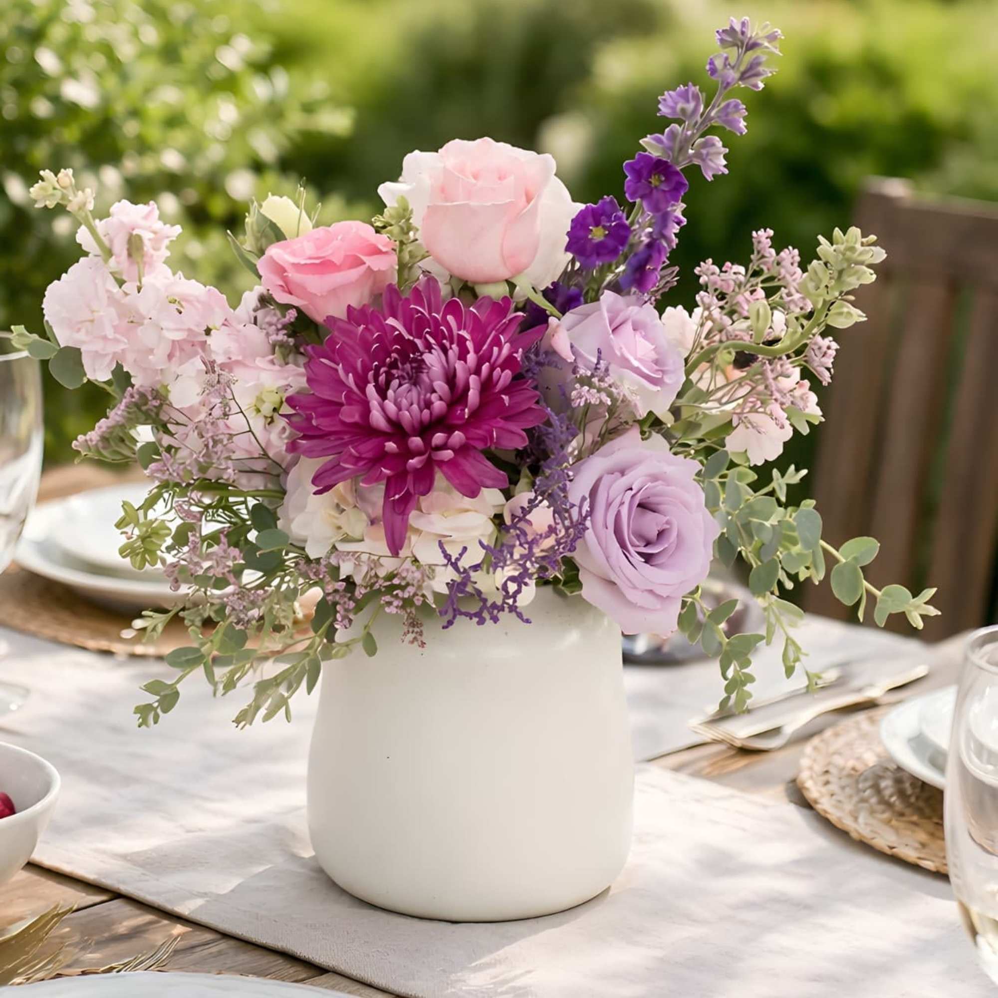 Pastel pink and lavender flower arrangement with a bold purple bloom in a white ceramic vase on a table.
