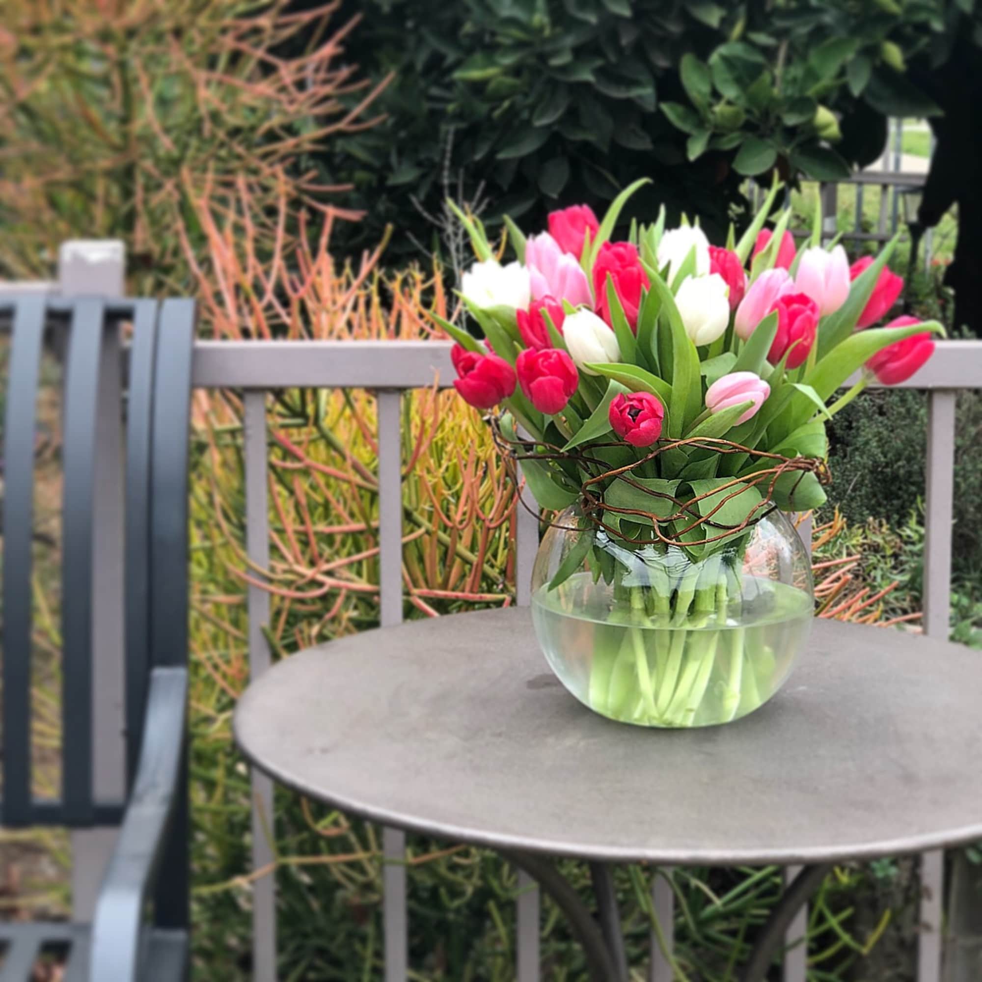 Bouquet of pink, red, and white tulips in a clear glass vase