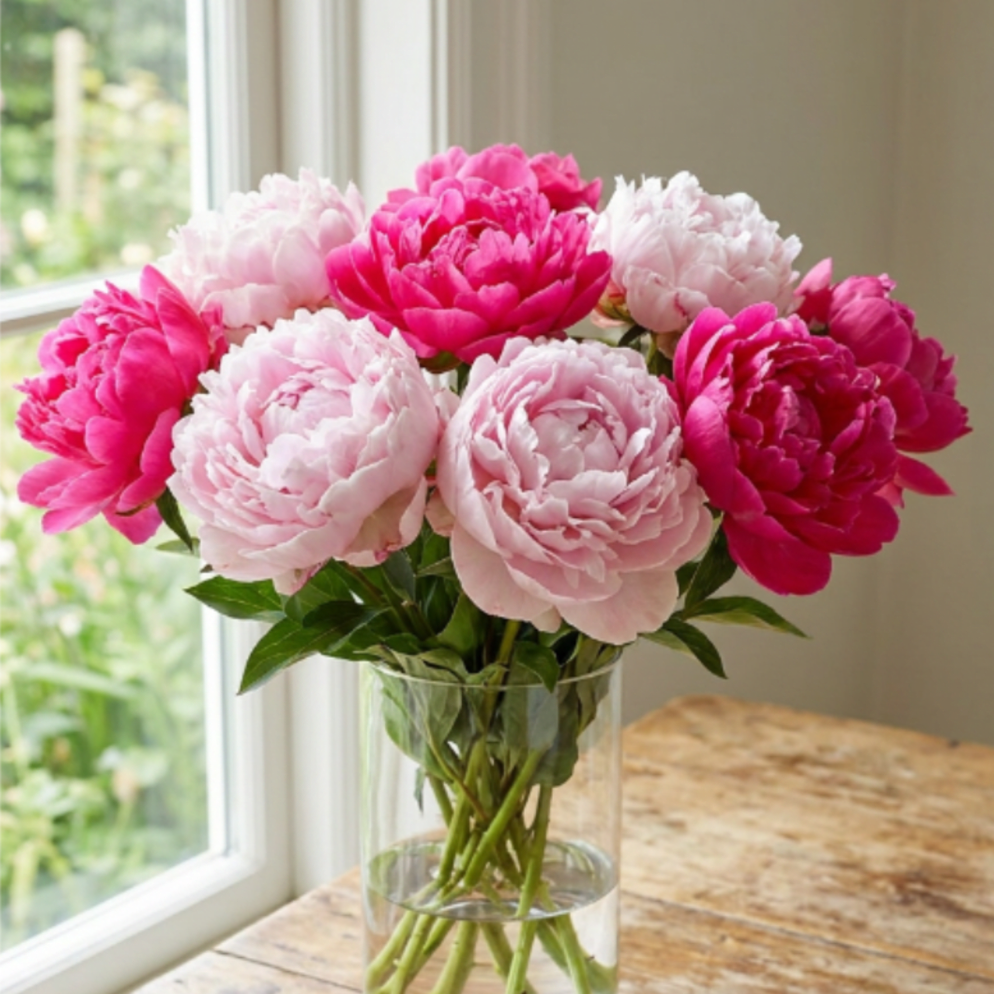 A lush and romantic gathering of premium pink and blush peonies designed