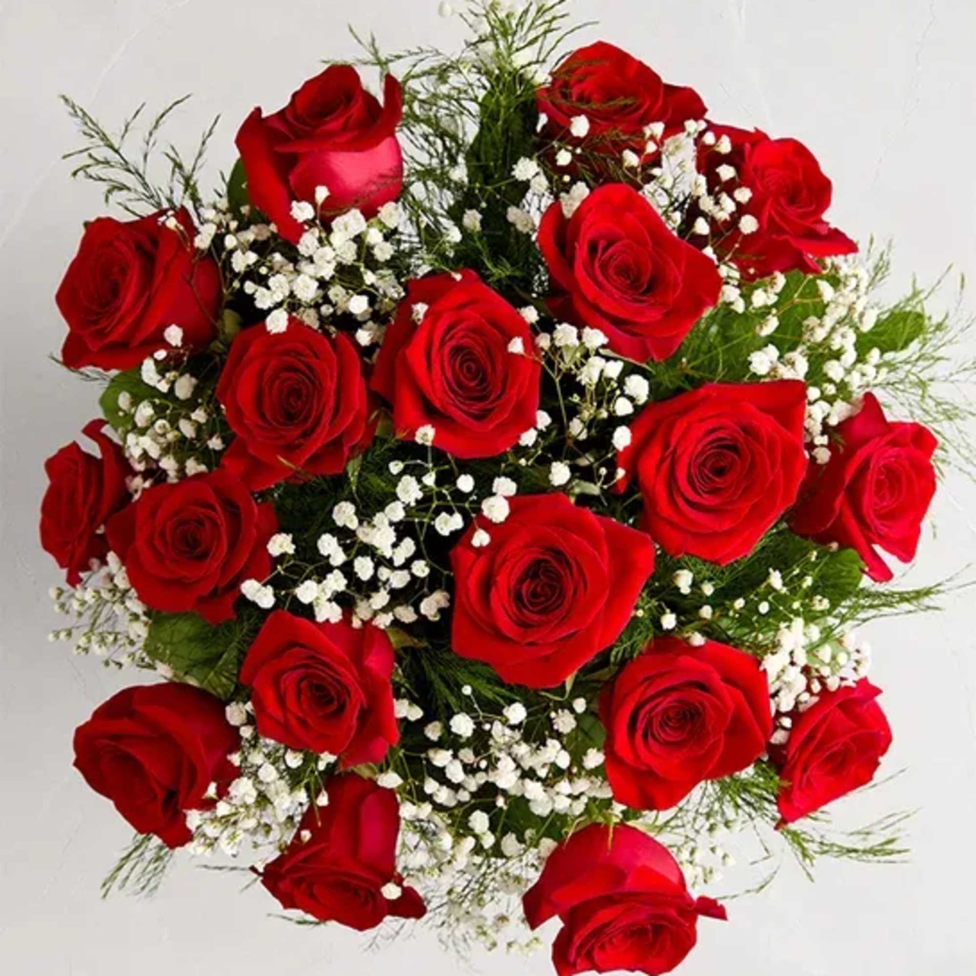 Bouquet of red roses with white baby's breath