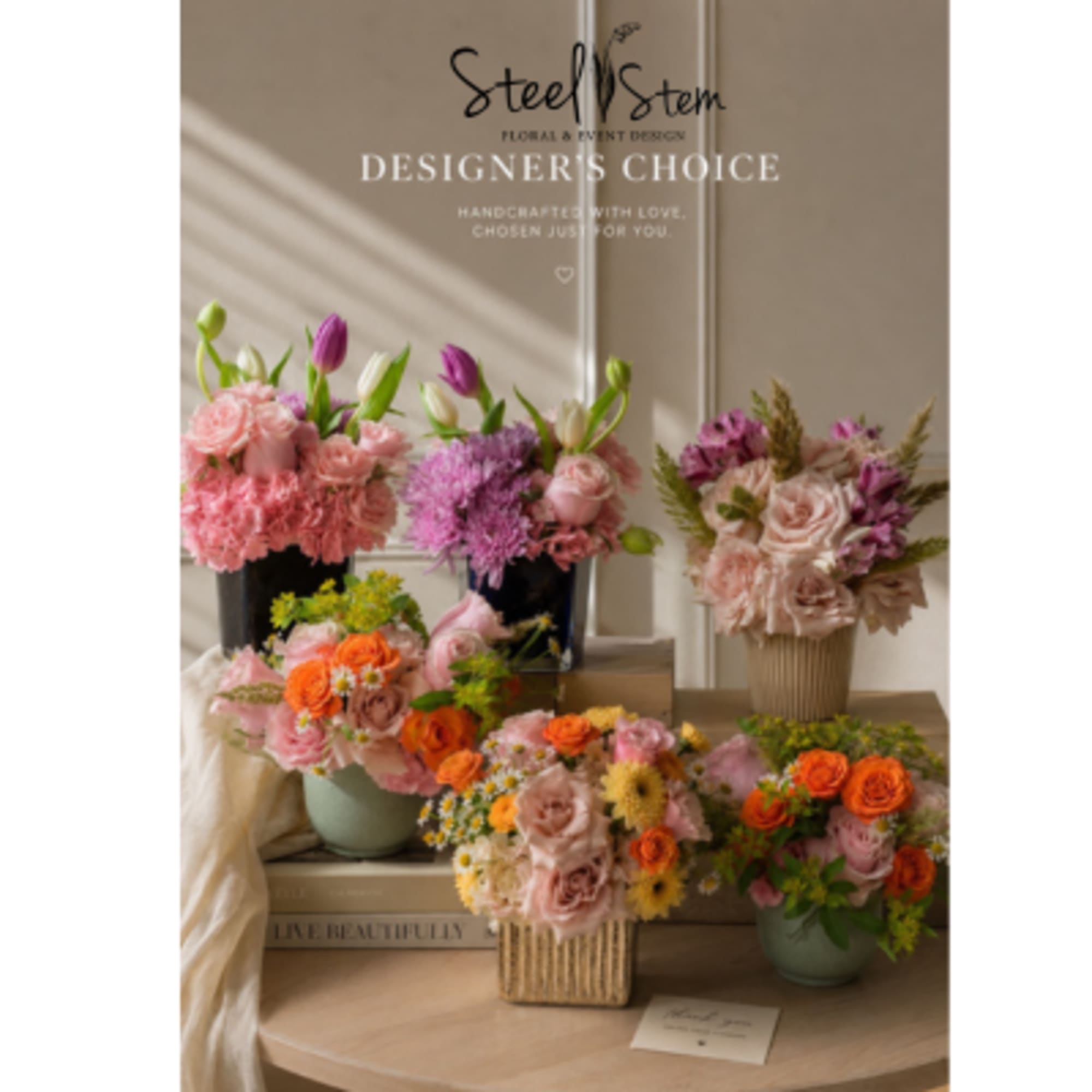 Each arrangement is thoughtfully designed using a beautiful variety of seasonal blooms