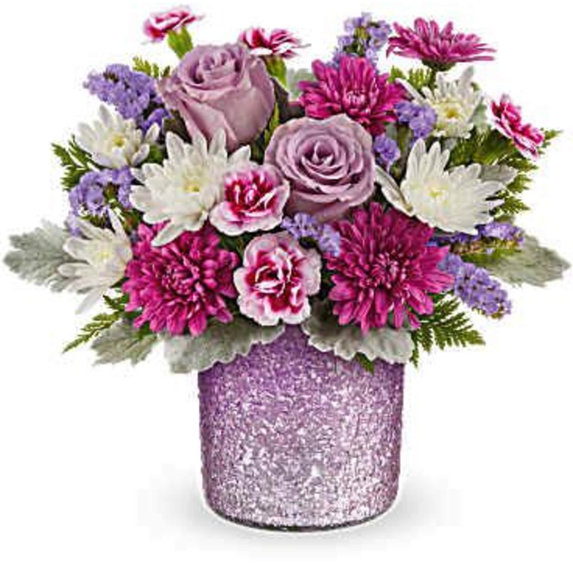 Pink and lavender flowers in a glittery vase