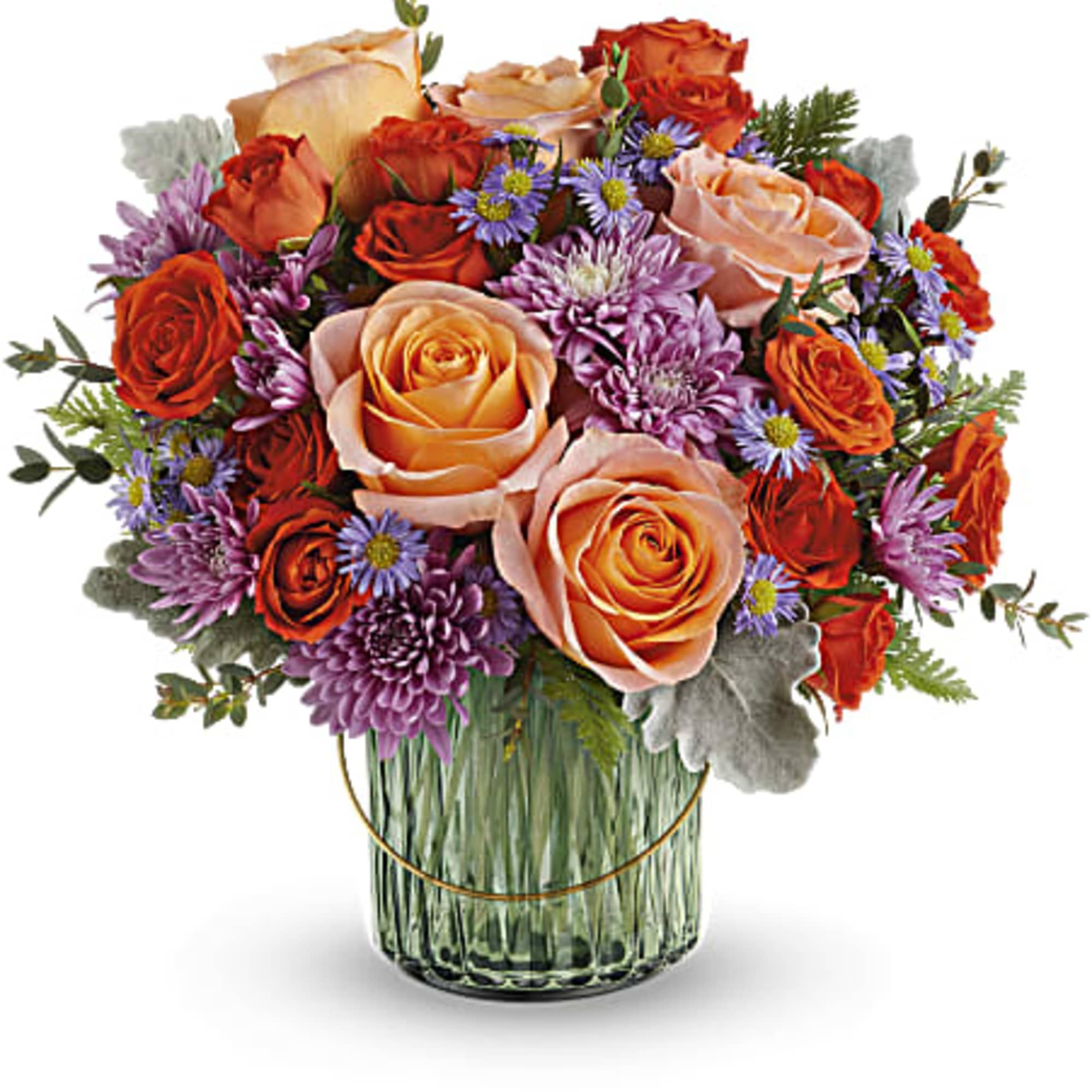 Bouquet of peach and orange roses with purple daisies in a glass vase