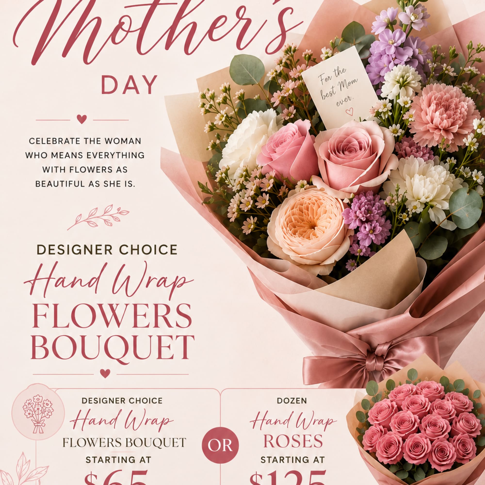 Soft blush roses and peach garden roses meet white daisy-like blooms and
