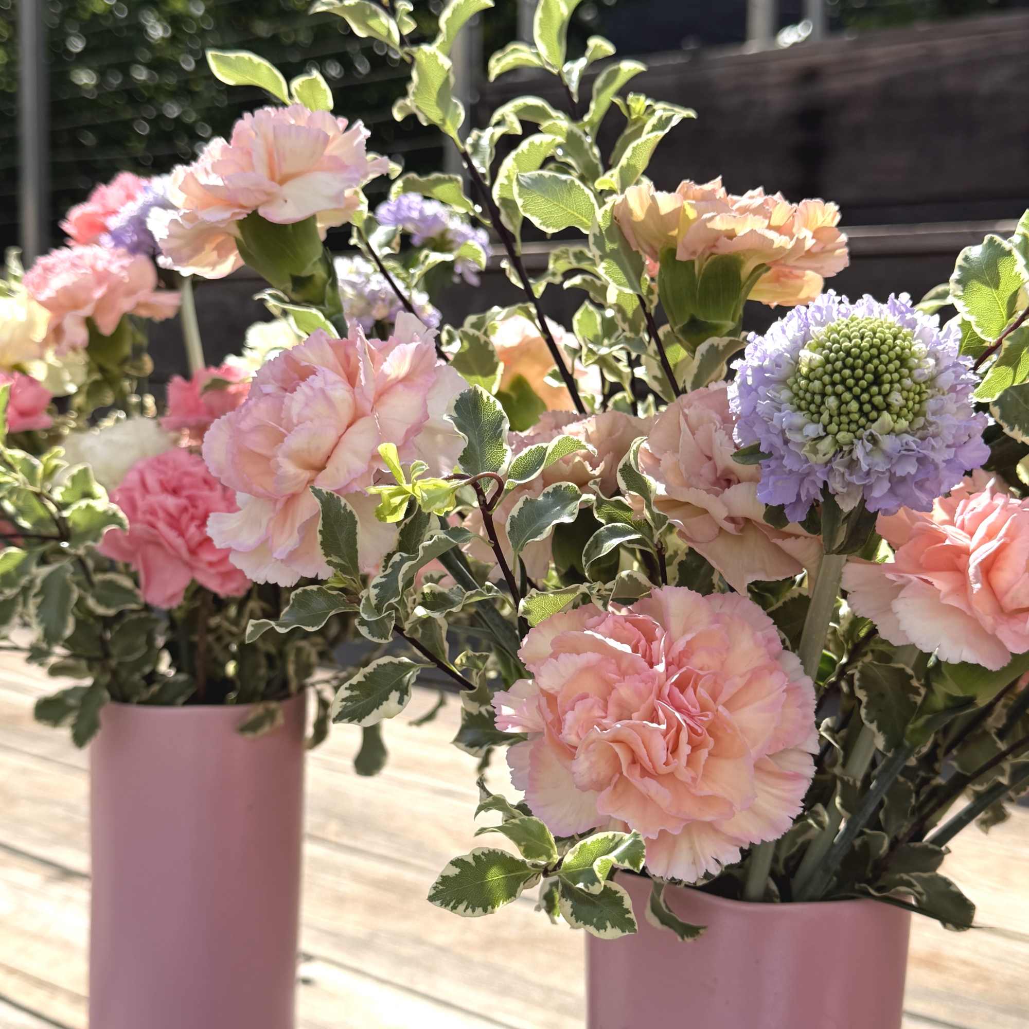 Soft, garden-fresh carnations in blush pink, peach, lavender, yellow and white bring