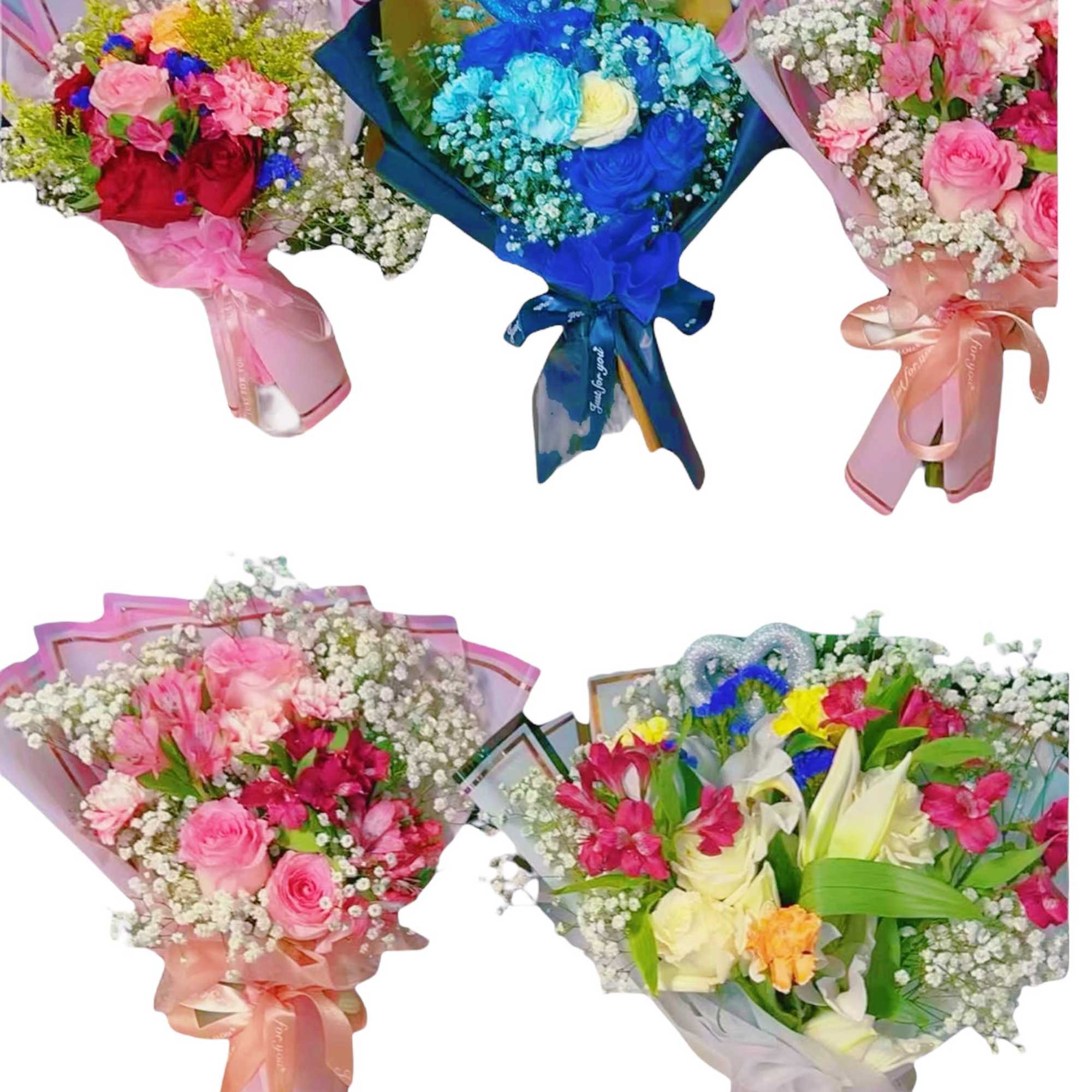 Five colorful bouquets with roses and baby’s breath, wrapped in pastel paper