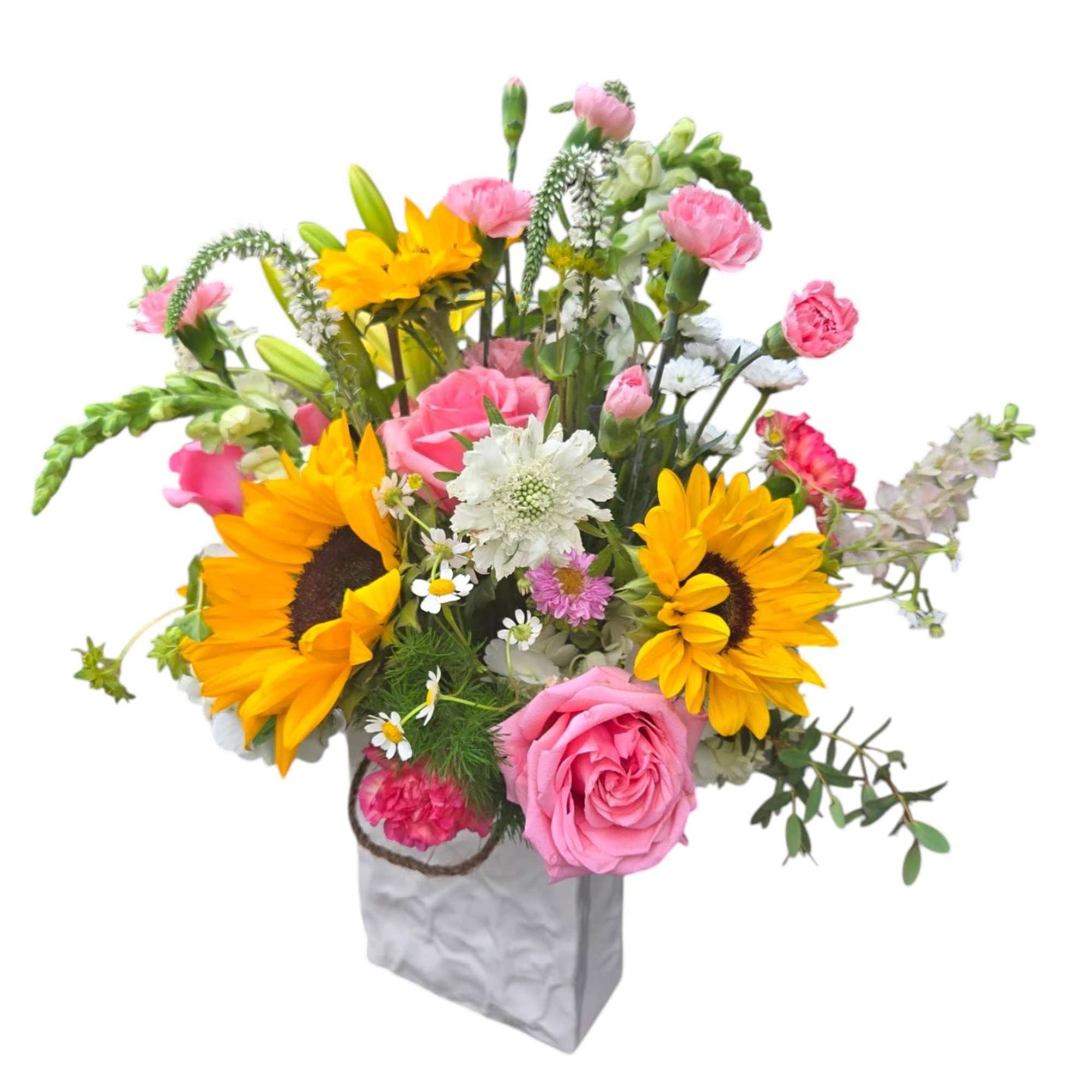 This cheerful flower arrangement, designed as a Mother's Day-ready gift , also