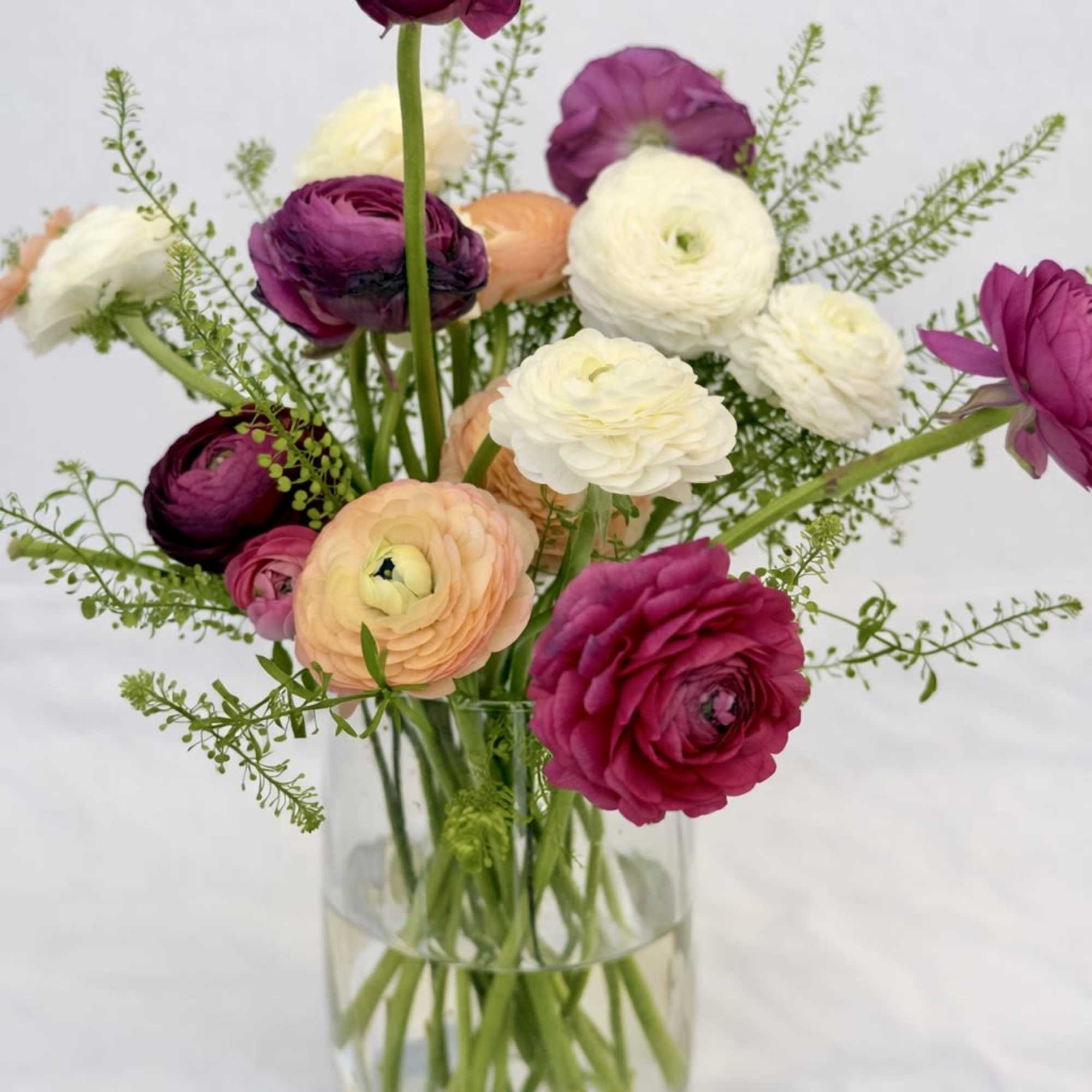 Mixed ranunculus bouquet in a clear glass vase