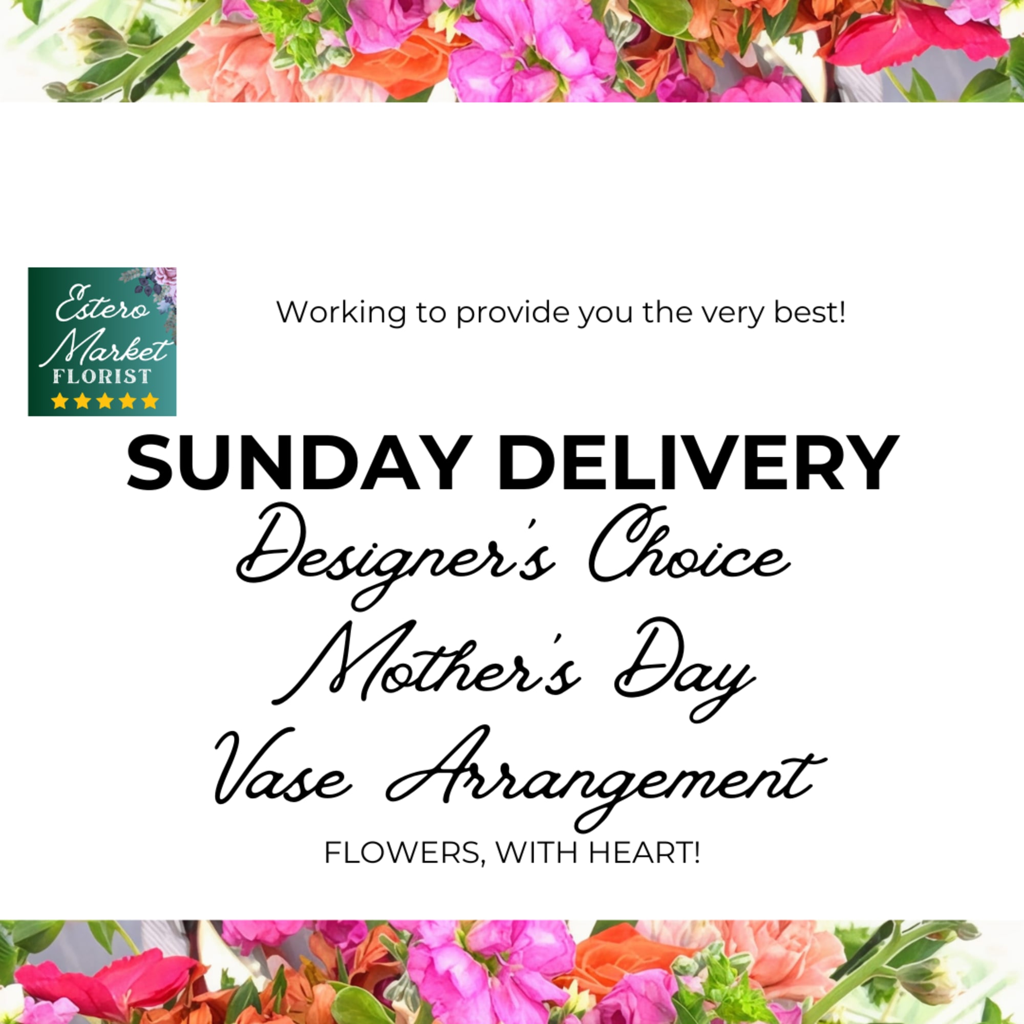 FOR SUNDAY DELIVERY ONLY - Approximate delivery timeframe 9am-7pm. 
*** Please note:
