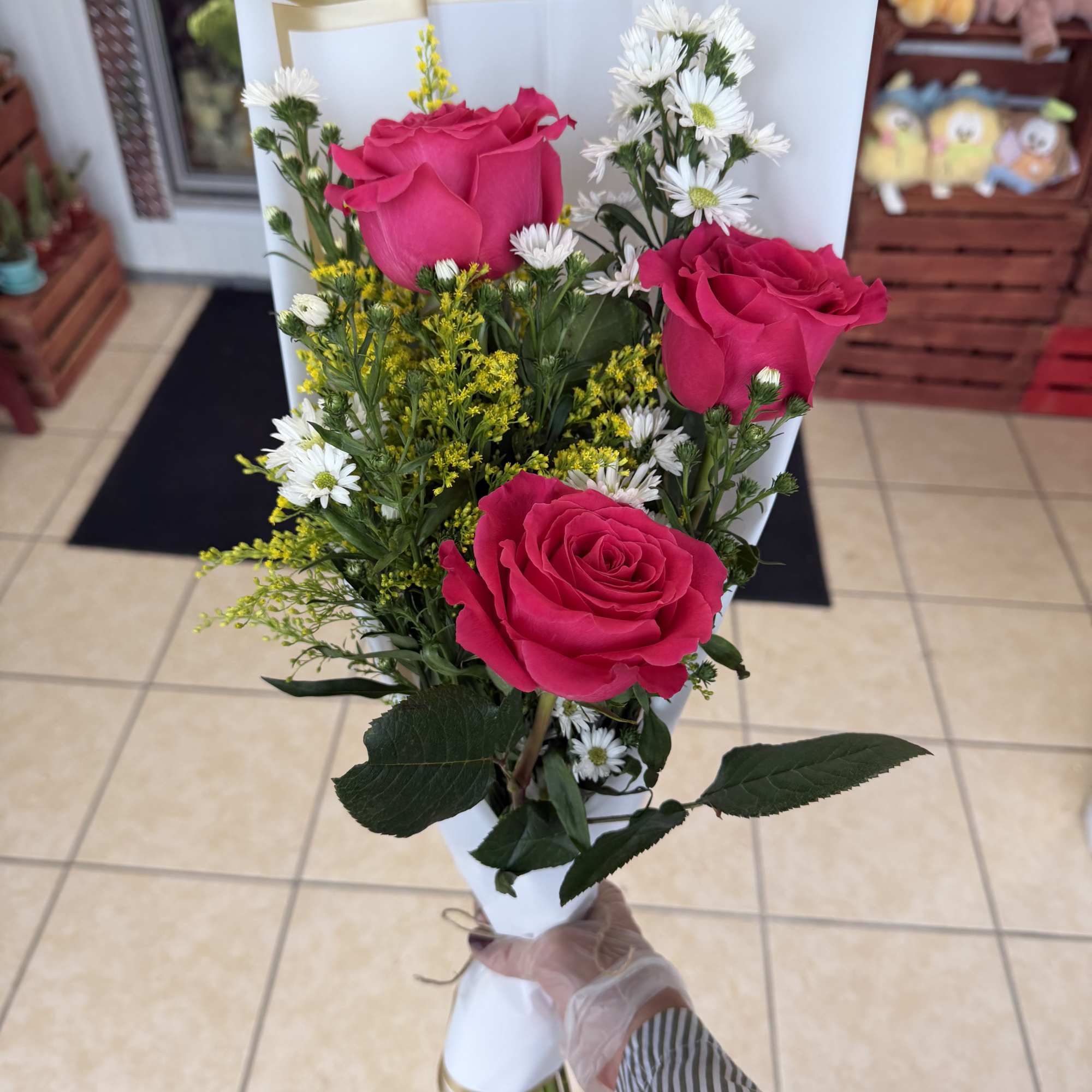 dual roses with solidago and asters
