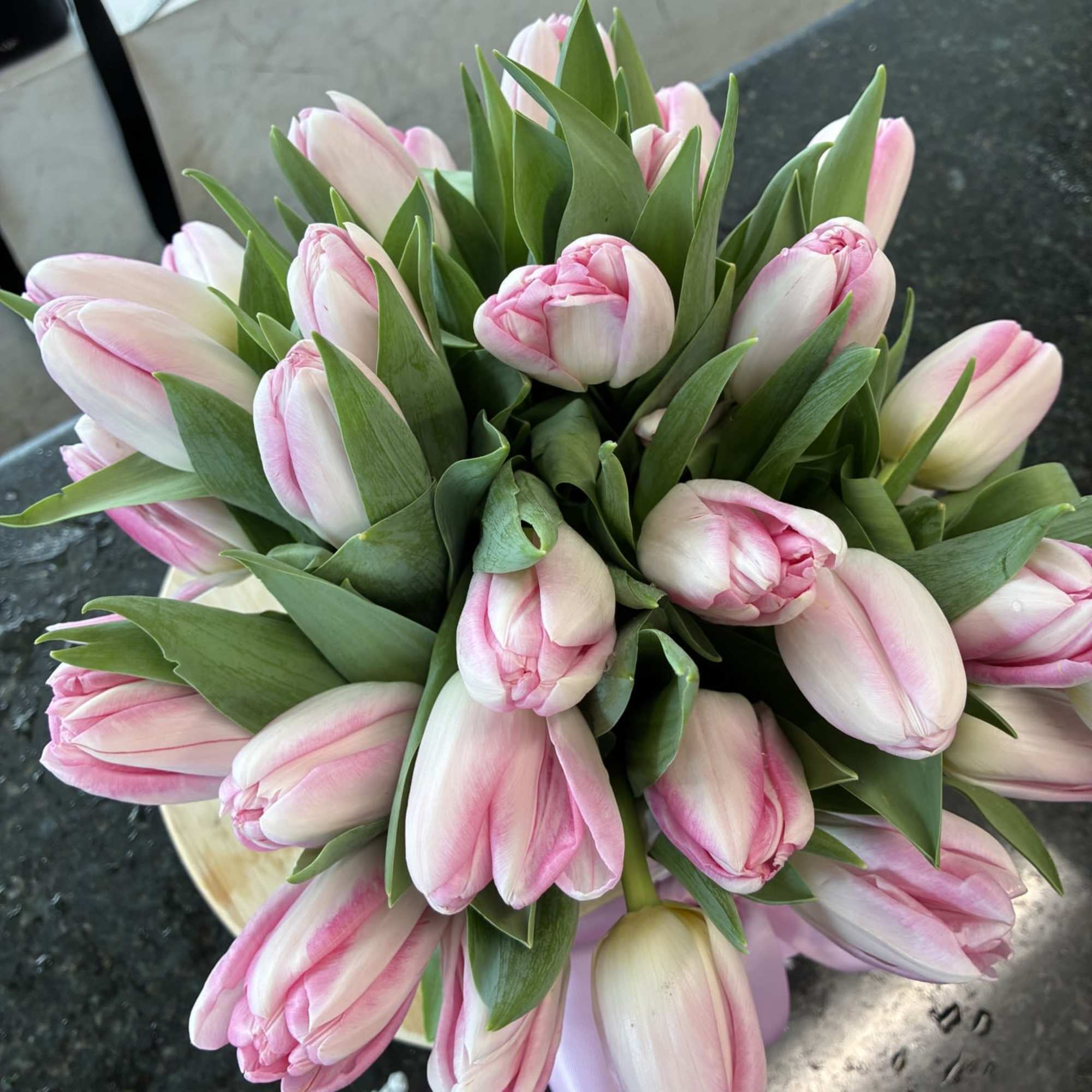 Just in for Easter...........pink double tulips from Holland. Arranged in a 51/2