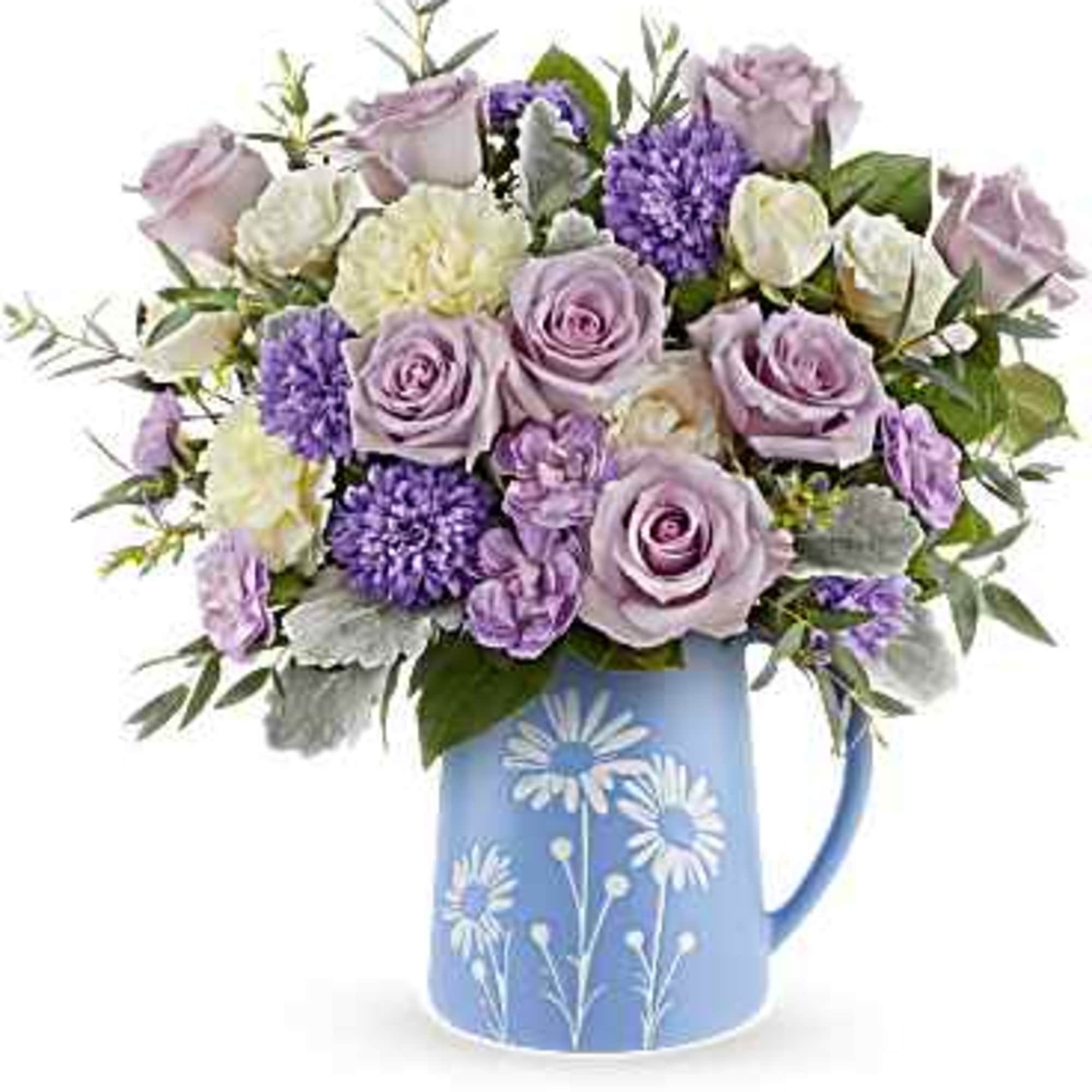 Soft and whimsical, Daisy Haze Bouquet captures pastel perfection with lavender roses