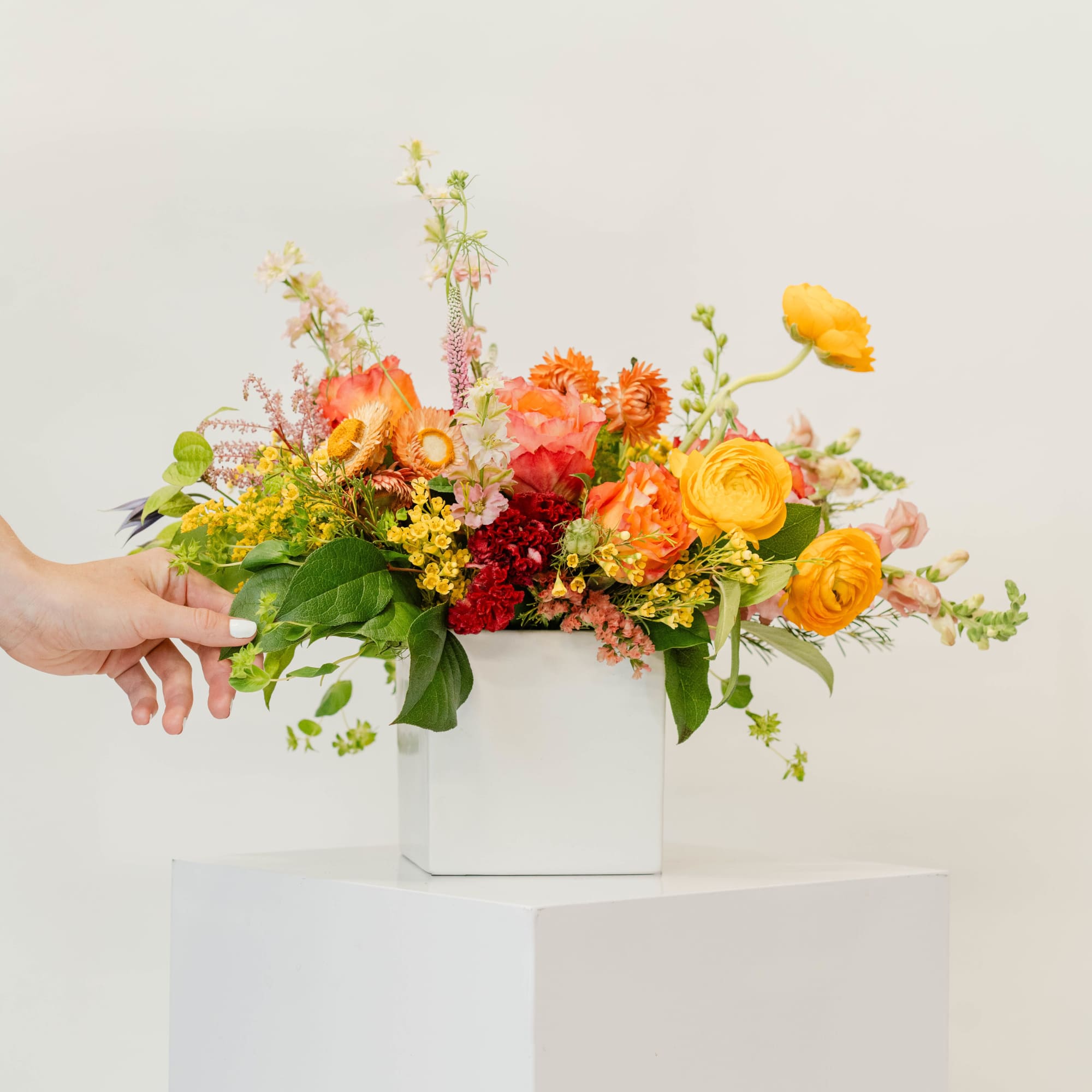 Colorful mixed flower arrangement in a white square vase