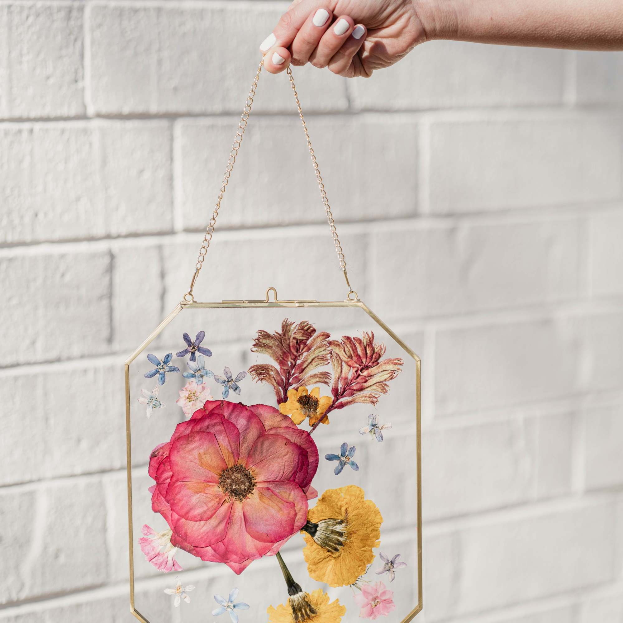 Framed pressed flowers in a hanging glass and brass display