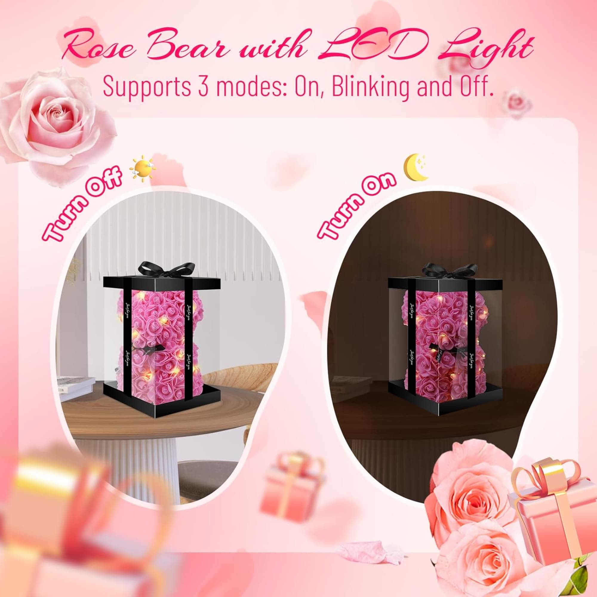 Pink rose bear gift box with LED light and black ribbon