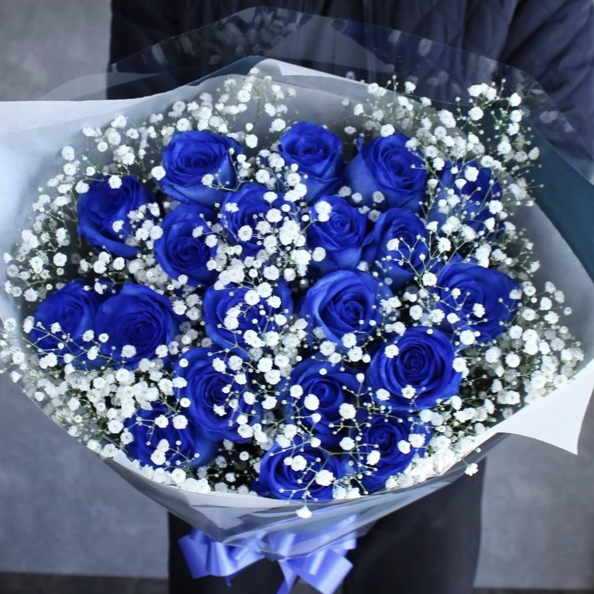 Bouquet of blue roses with white baby's breath in clear wrap