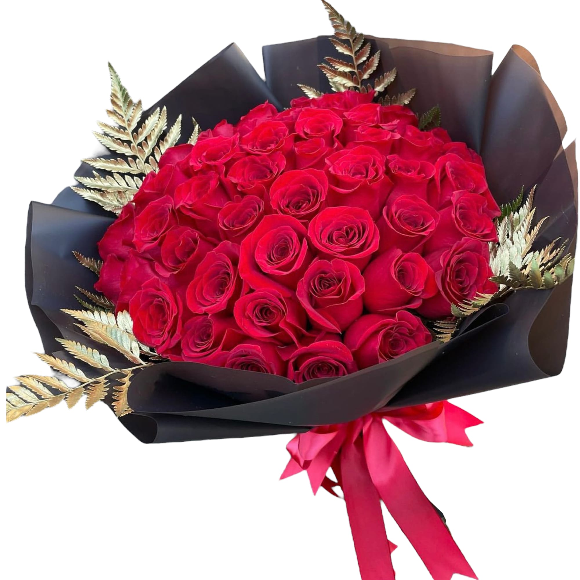 Bouquet of red roses wrapped in black paper with a pink ribbon