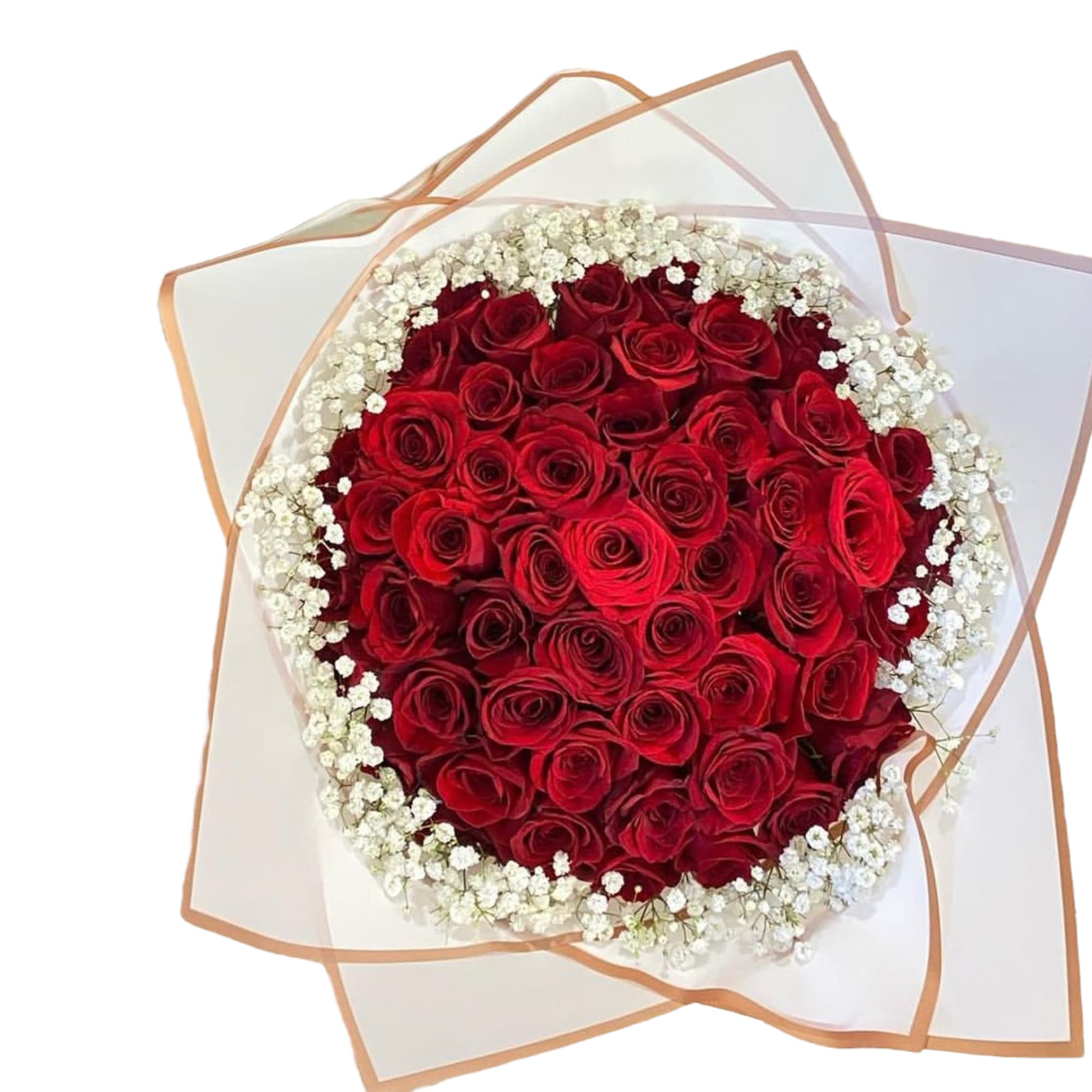 Round bouquet of red roses with white baby's breath in clear wrap