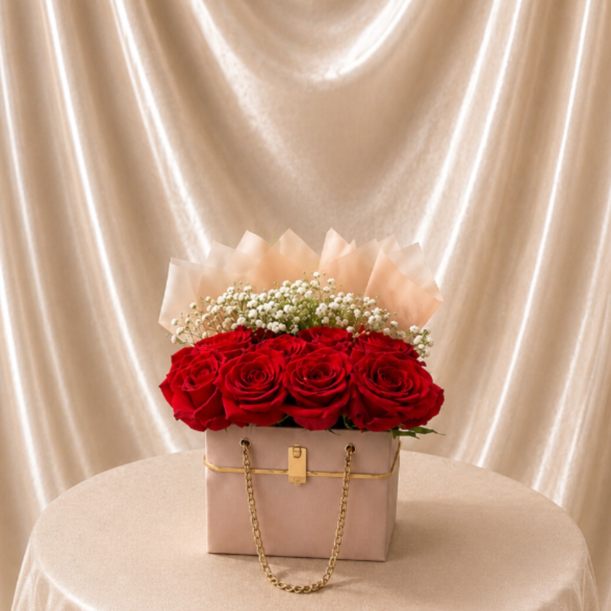 An exquisite arrangement of lush red roses and delicate baby&rsquo;s breath, beautifully