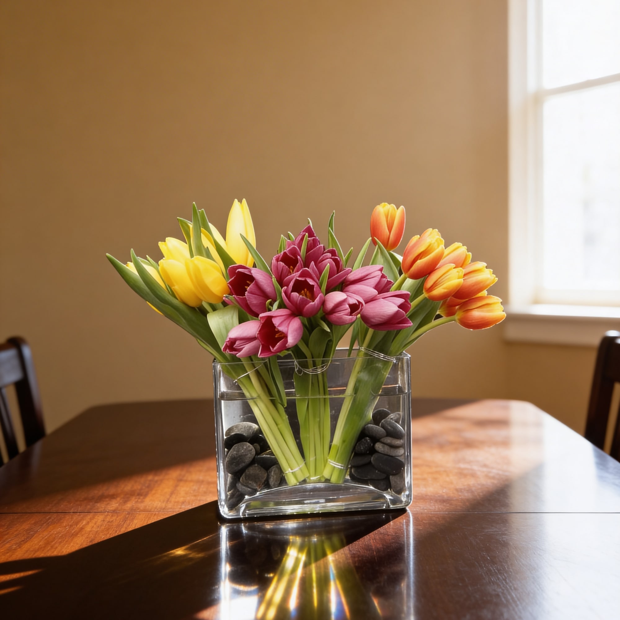 Bright, cheerful tulips arranged in a modern glass vase with decorative black