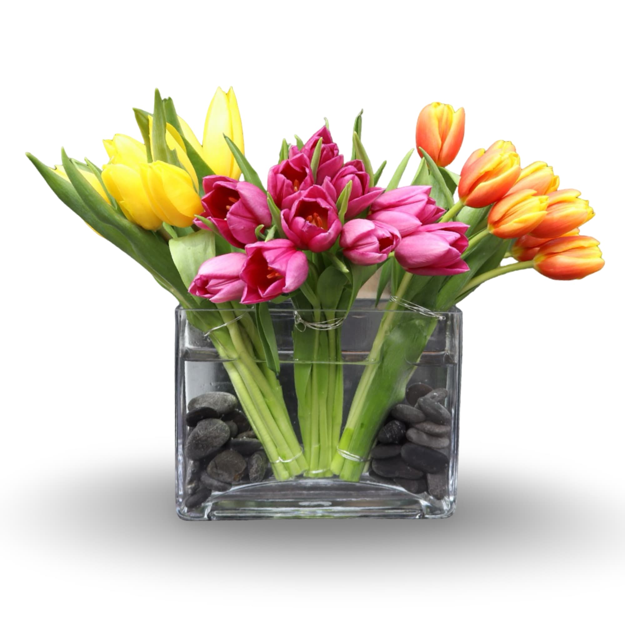 Bright, cheerful tulips arranged in a modern glass vase with decorative black