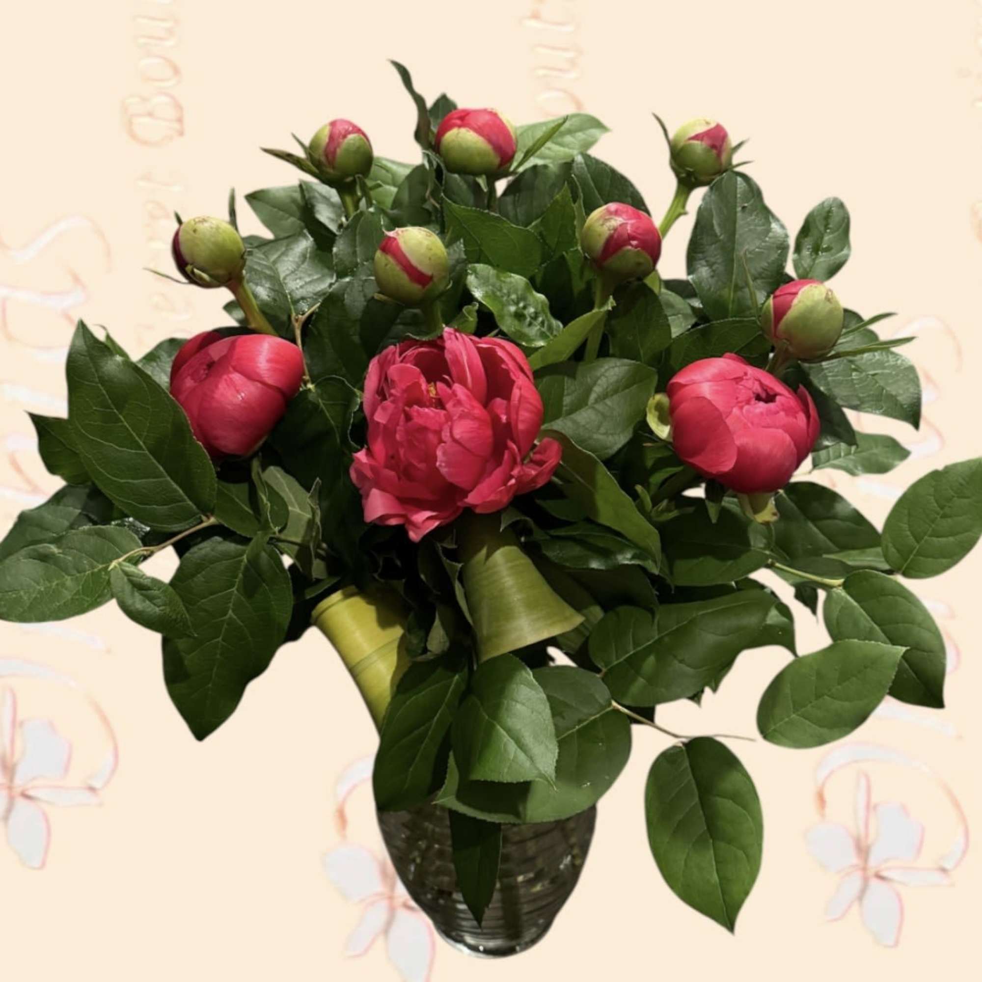 Arrangement measures approximately 19&rdquo;H 
Luxury Peony Bouquet is designed to make Mom