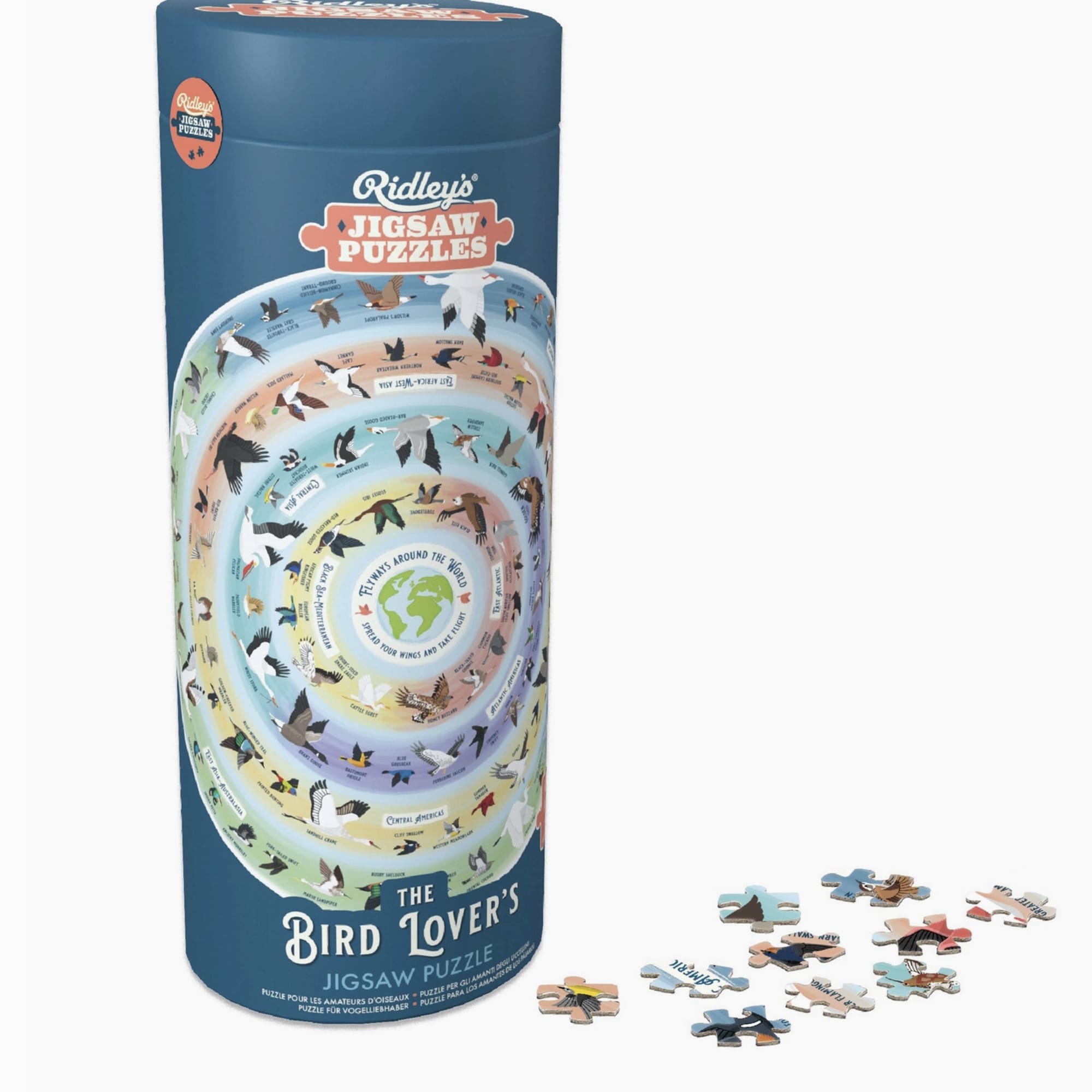 Blue cylindrical jigsaw puzzle tube with bird-themed puzzle pieces