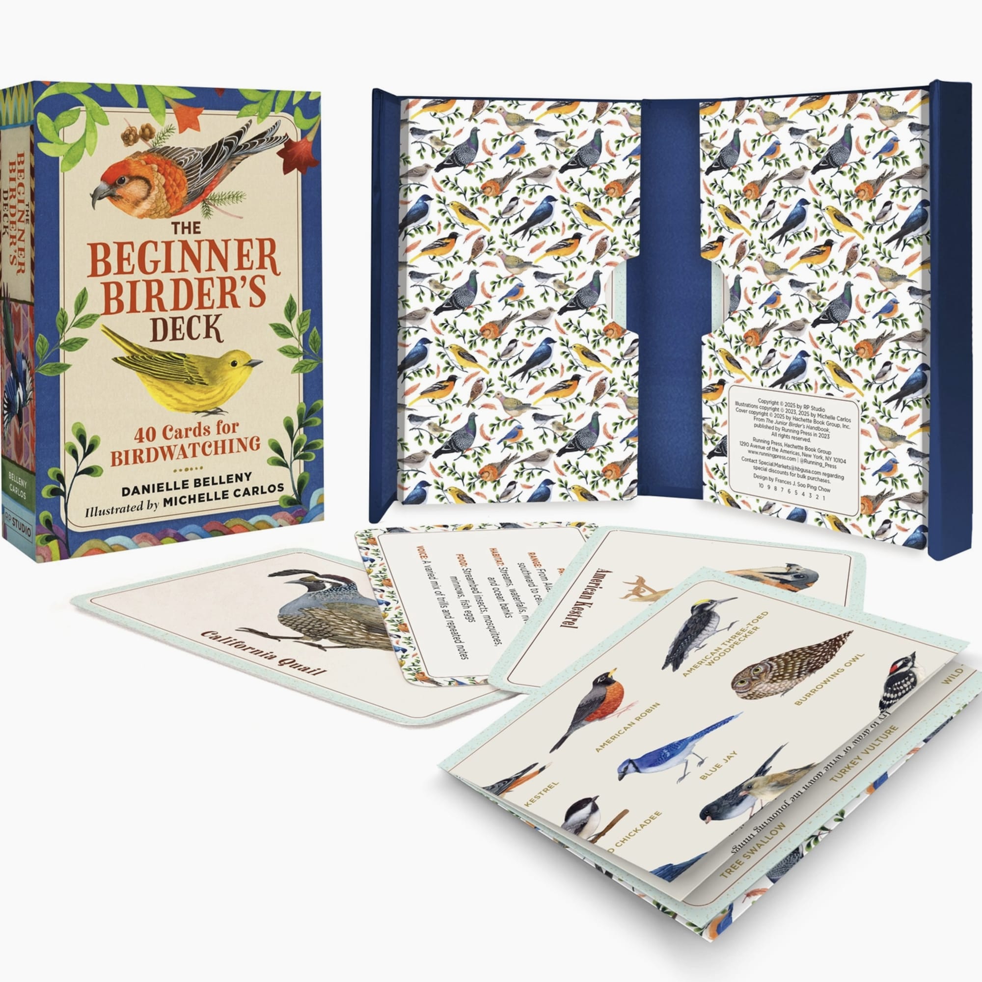 Birdwatching card deck box with illustrated bird cards spread out