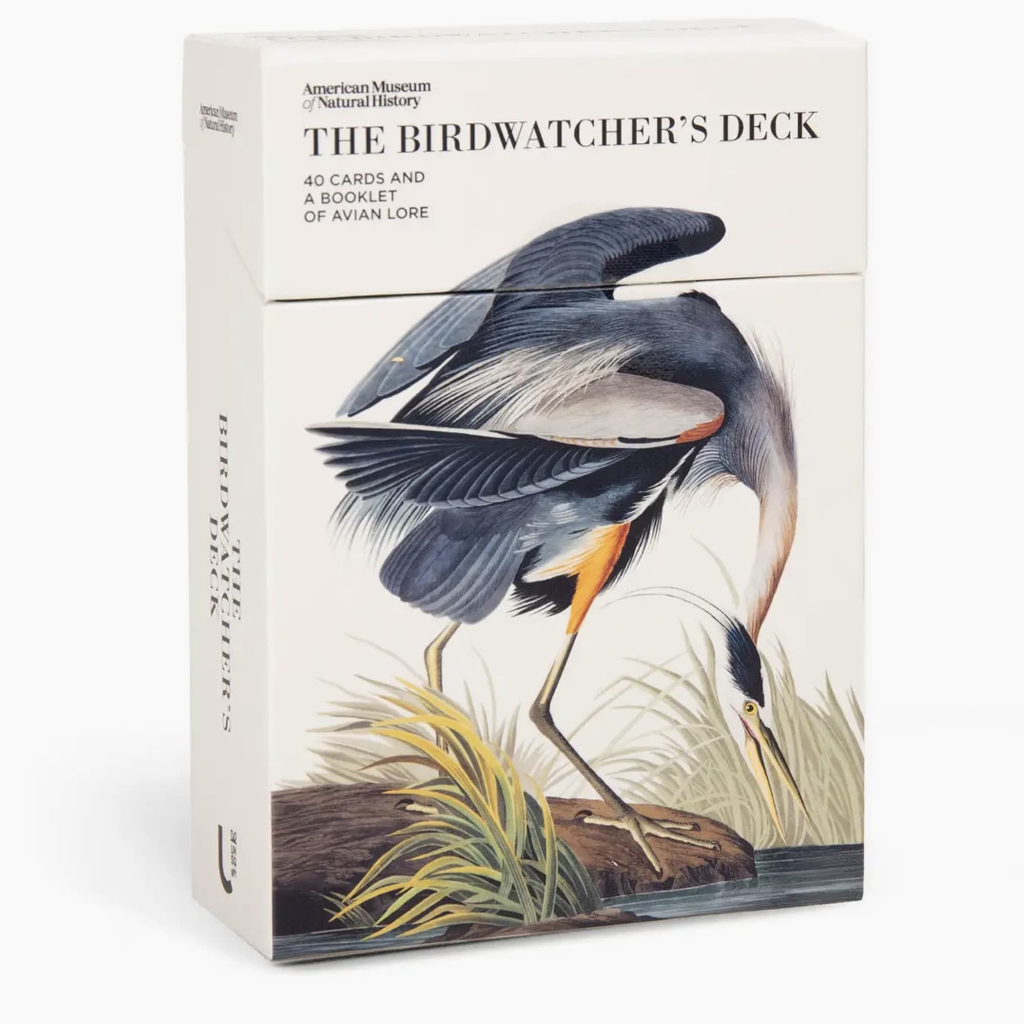 Boxed birdwatching card deck with a heron illustration