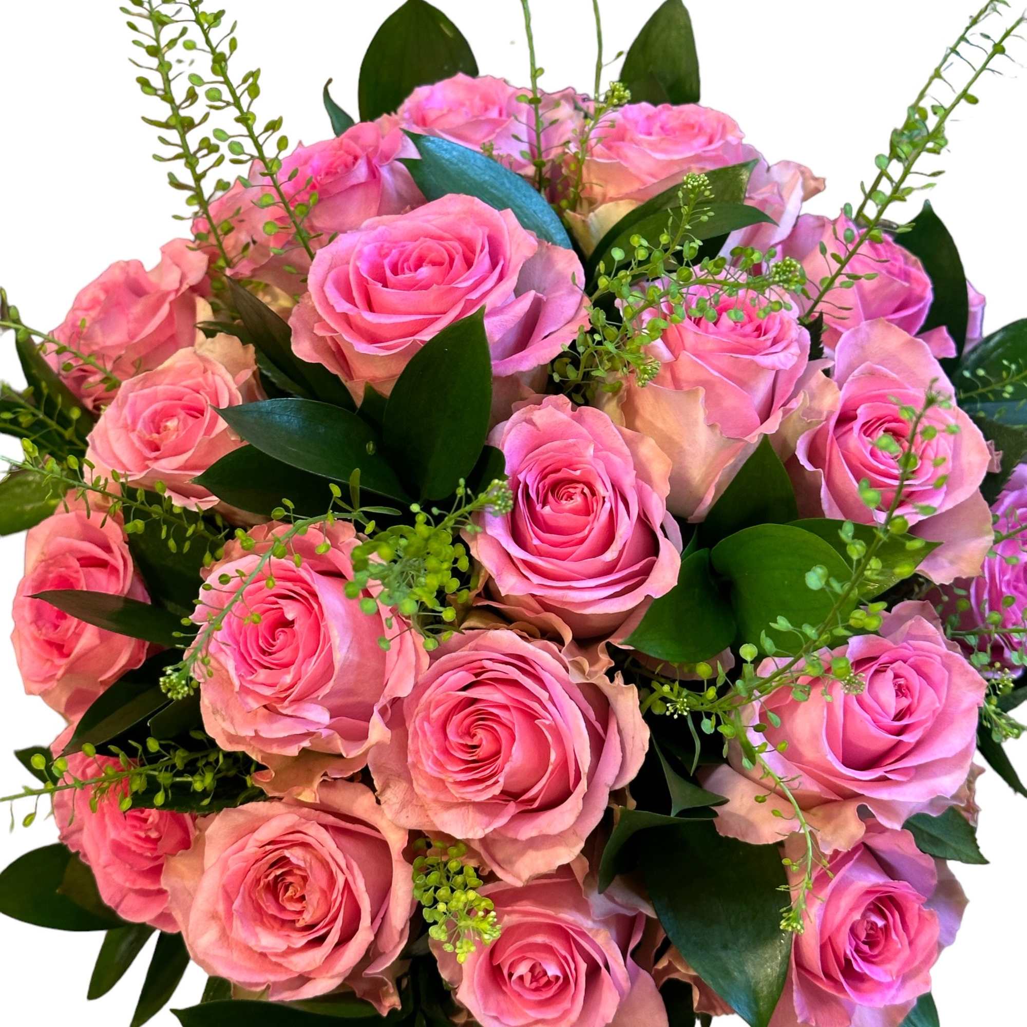 Bouquet of pink roses with dark green foliage